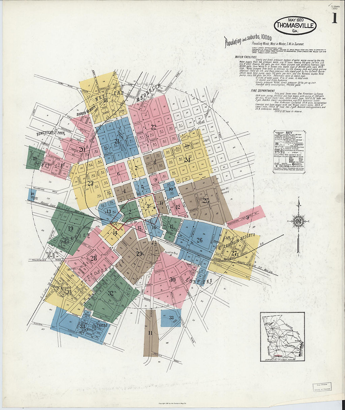 This old map of Thomasville, Thomas County, Georgia was created by Sanborn Map Company in 1920