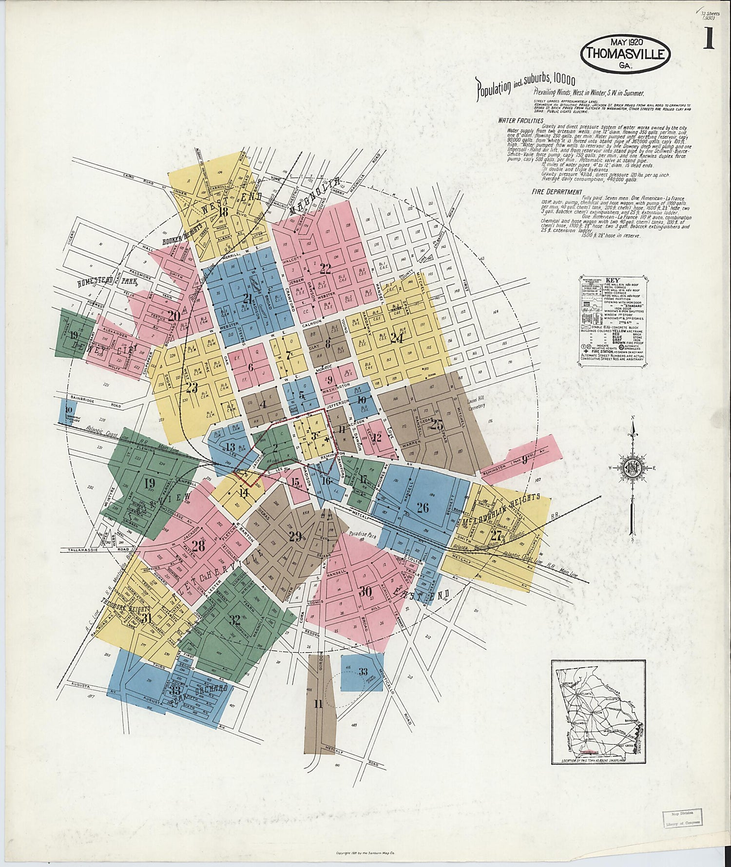 This old map of Thomasville, Thomas County, Georgia was created by Sanborn Map Company in 1920
