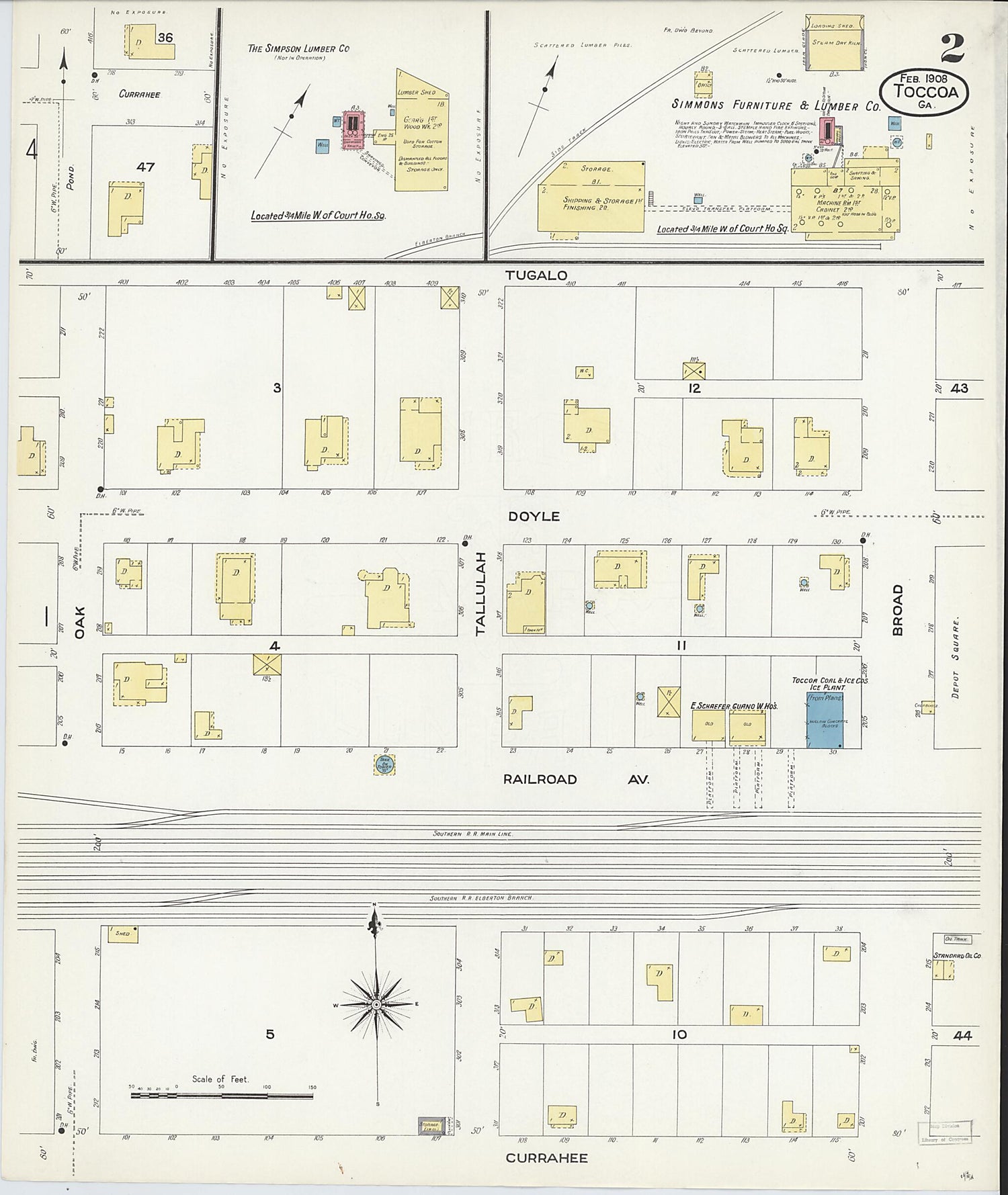 This old map of Toccoa, Stephens County, Georgia was created by Sanborn Map Company in 1908