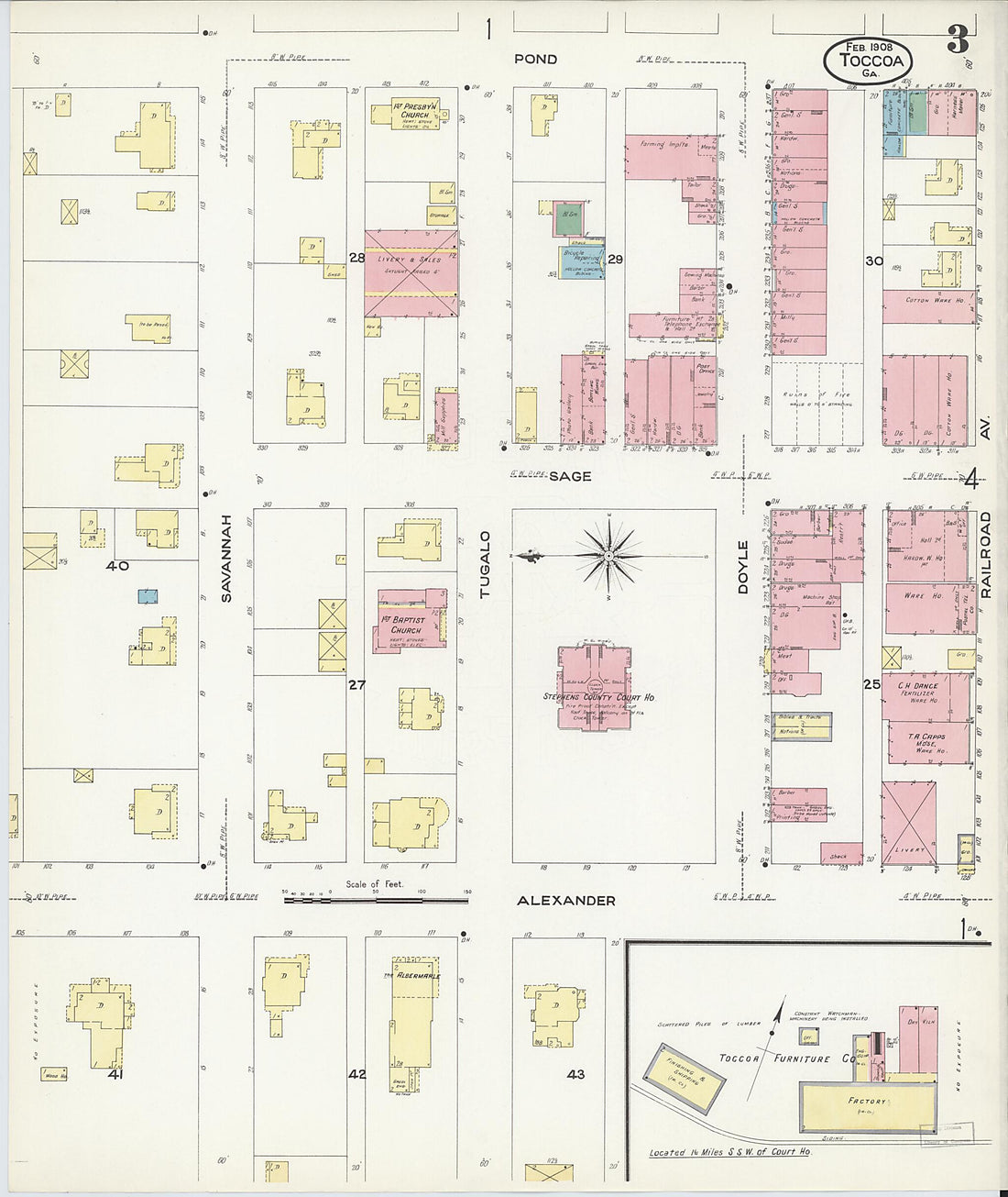 This old map of Toccoa, Stephens County, Georgia was created by Sanborn Map Company in 1908