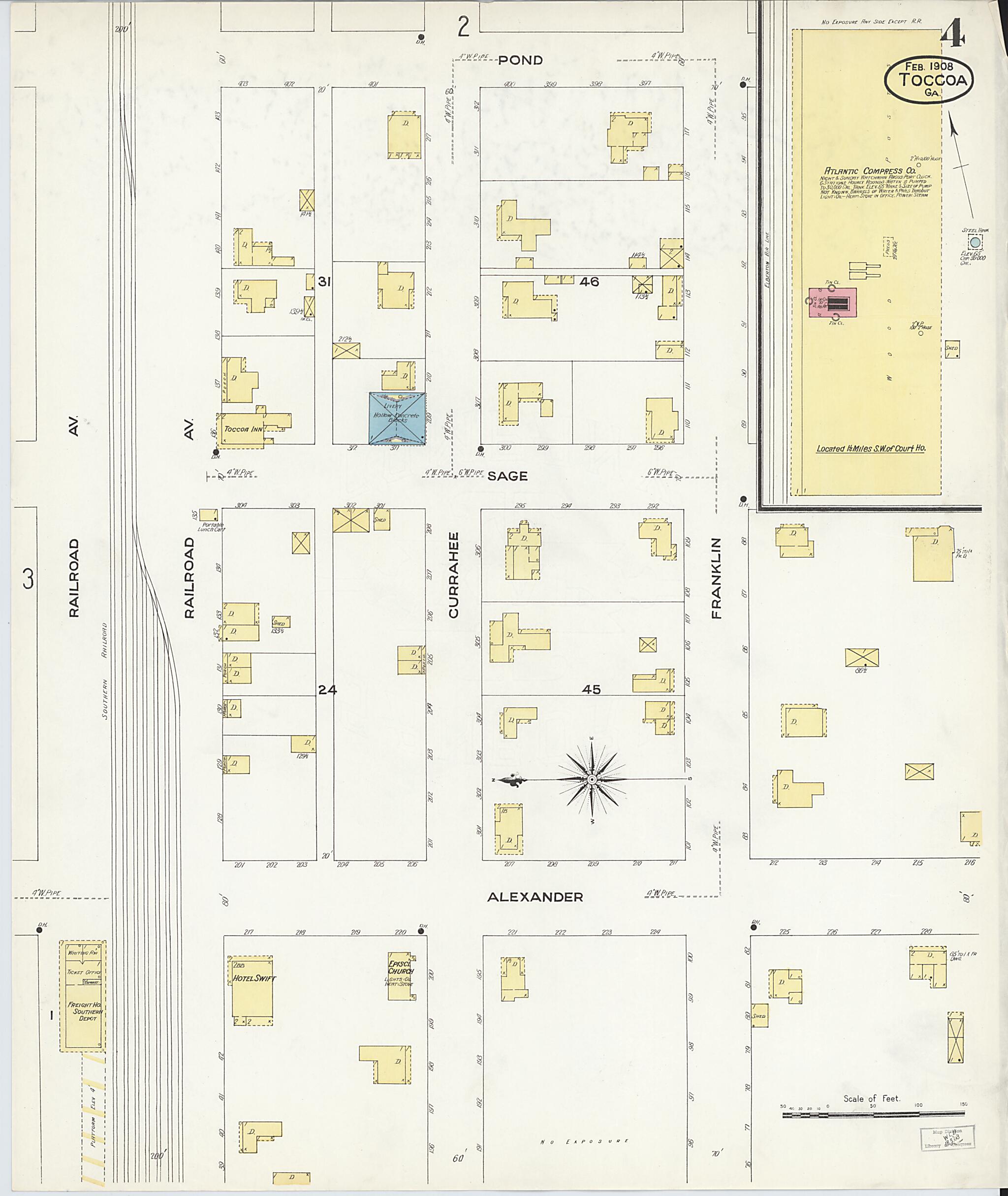 This old map of Toccoa, Stephens County, Georgia was created by Sanborn Map Company in 1908