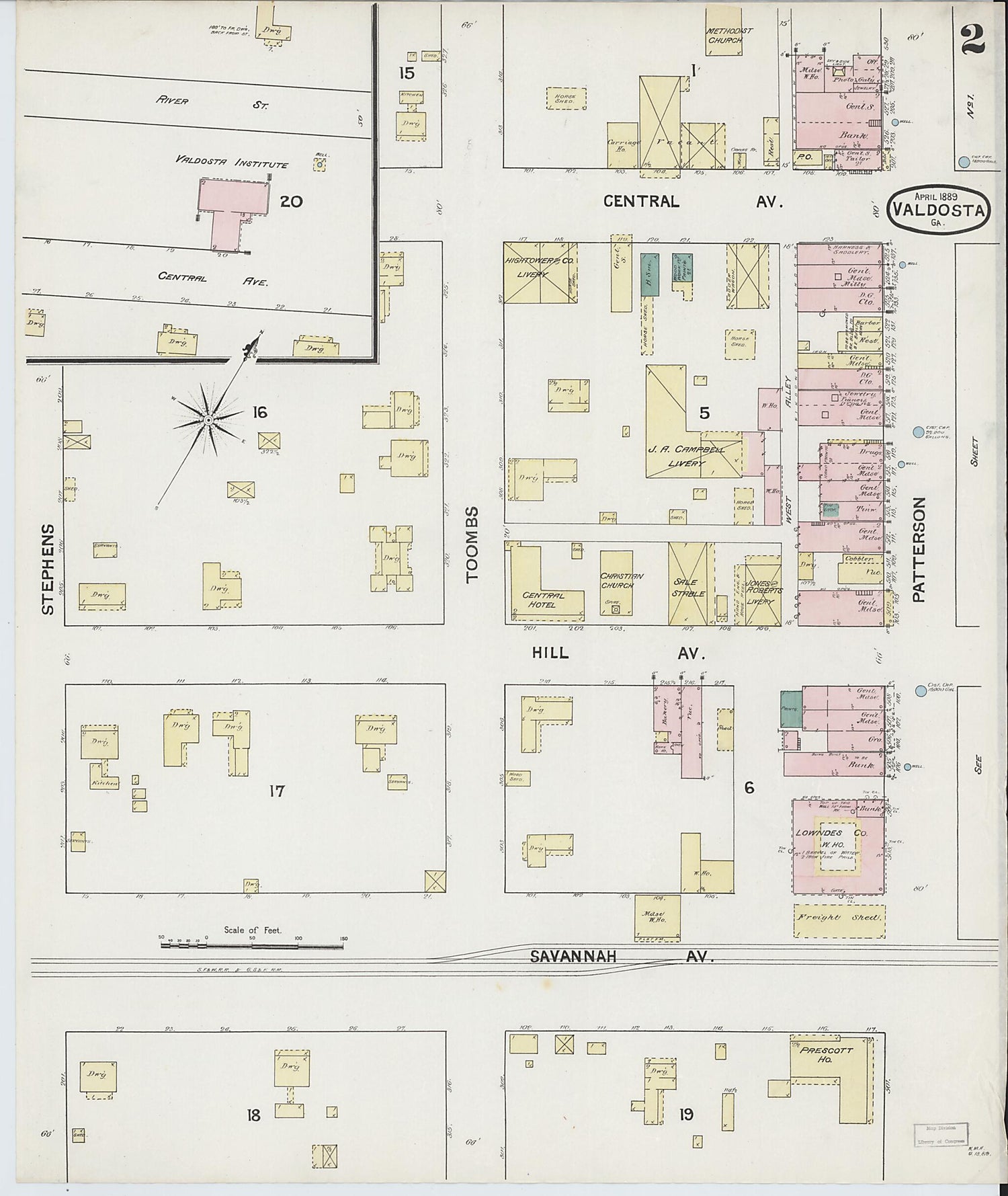 This old map of Valdosta, Lowndes County, Georgia was created by Sanborn Map Company in 1889