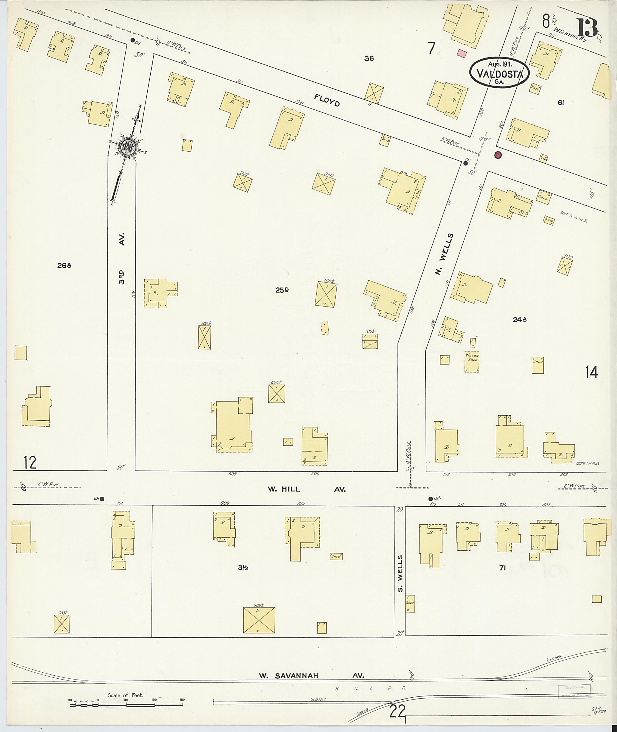 This old map of Valdosta, Lowndes County, Georgia was created by Sanborn Map Company in 1911