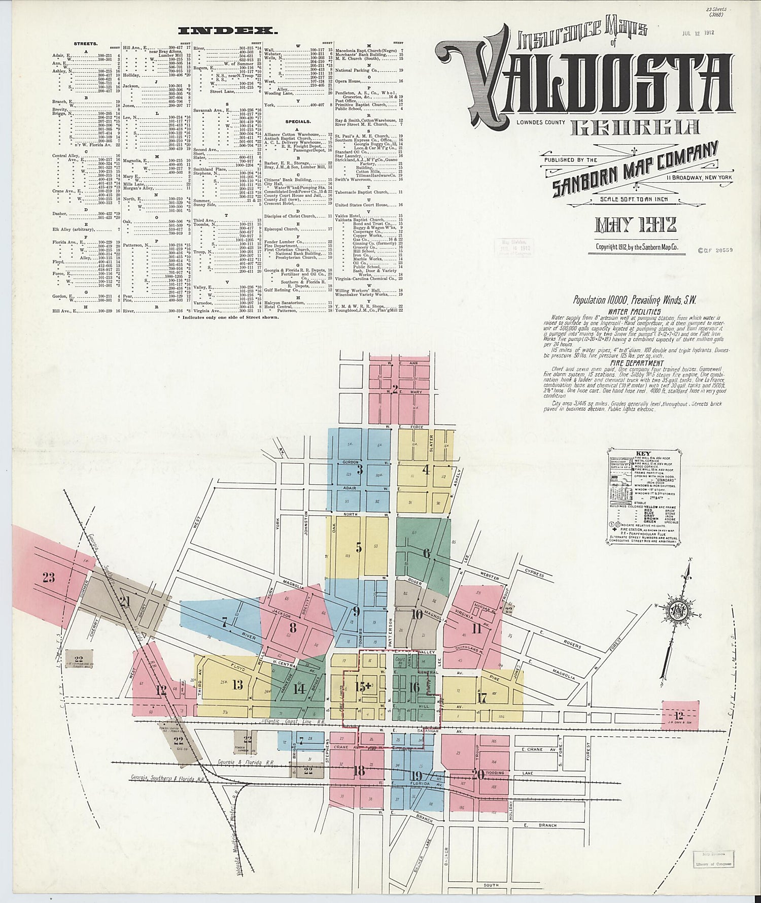 This old map of Valdosta, Lowndes County, Georgia was created by Sanborn Map Company in 1912