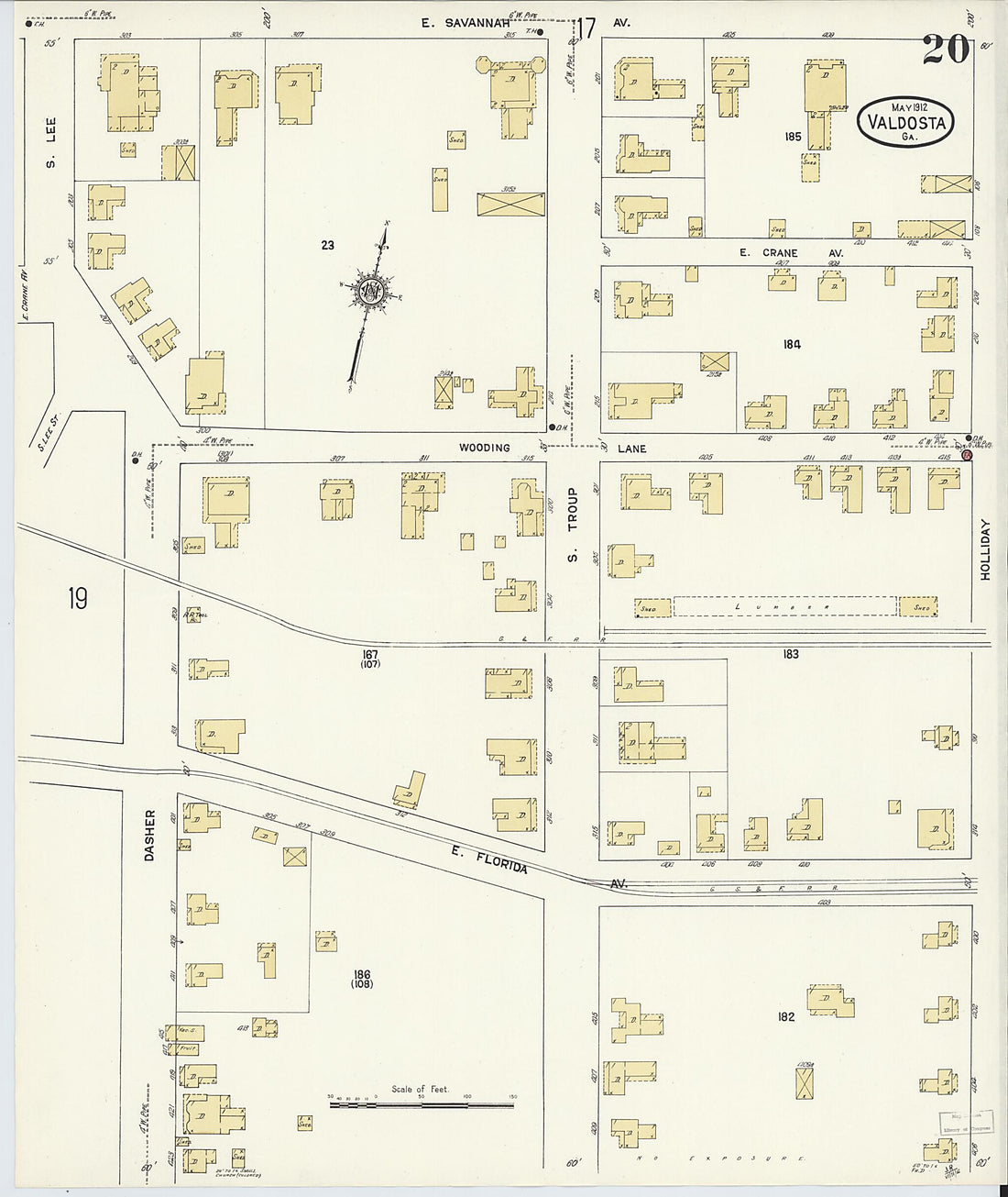 This old map of Valdosta, Lowndes County, Georgia was created by Sanborn Map Company in 1912