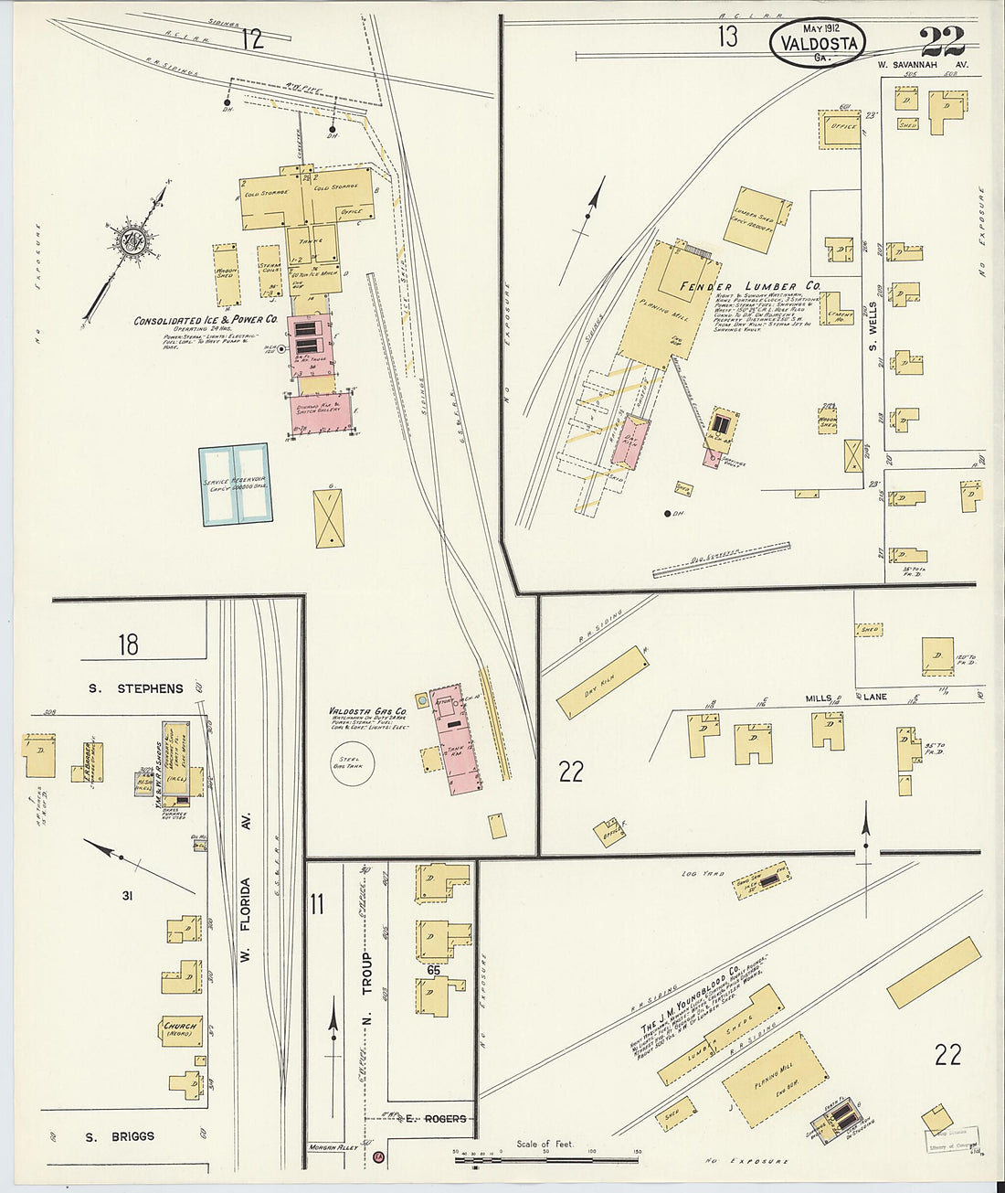 This old map of Valdosta, Lowndes County, Georgia was created by Sanborn Map Company in 1912