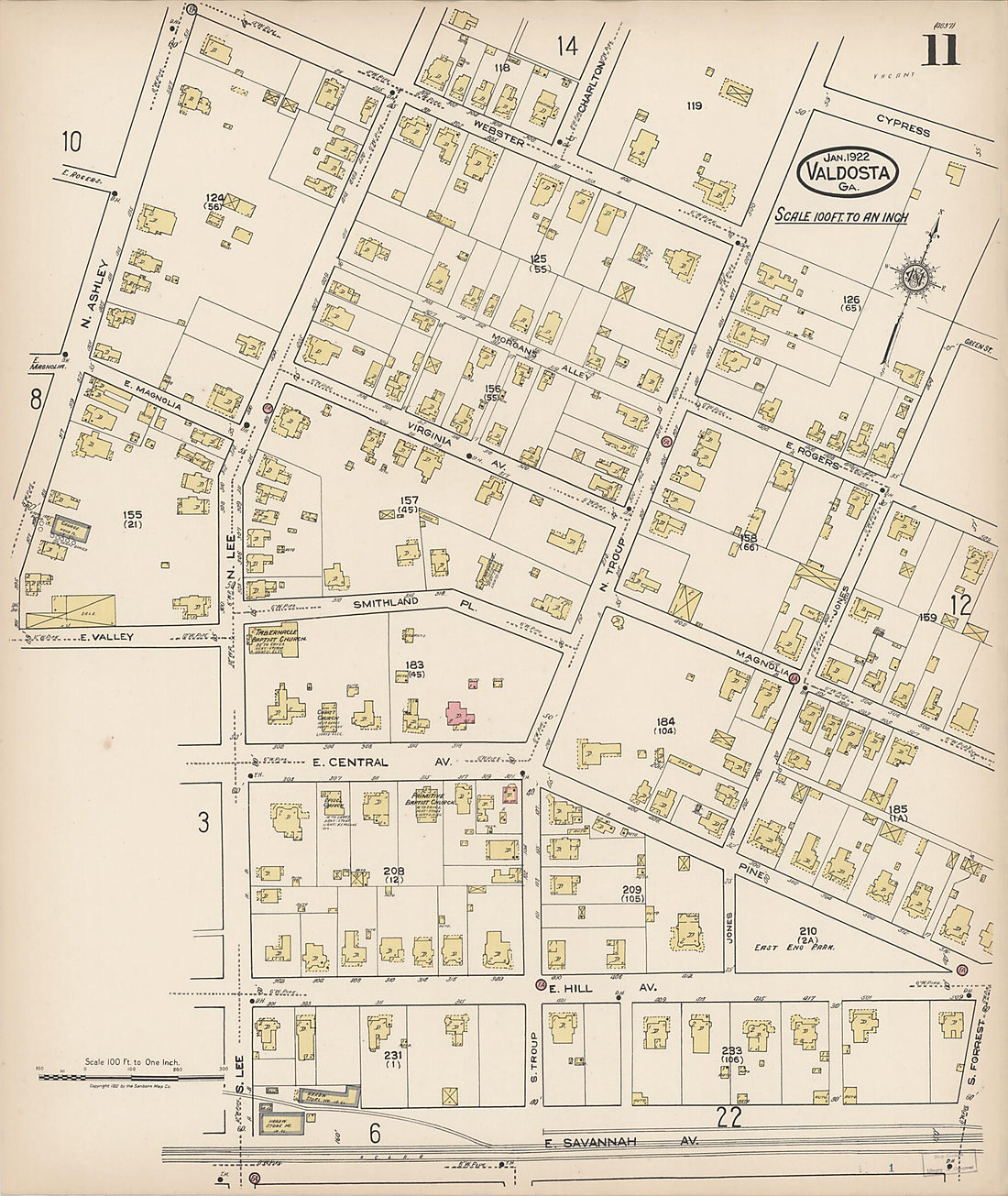 This old map of Valdosta, Lowndes County, Georgia was created by Sanborn Map Company in 1922