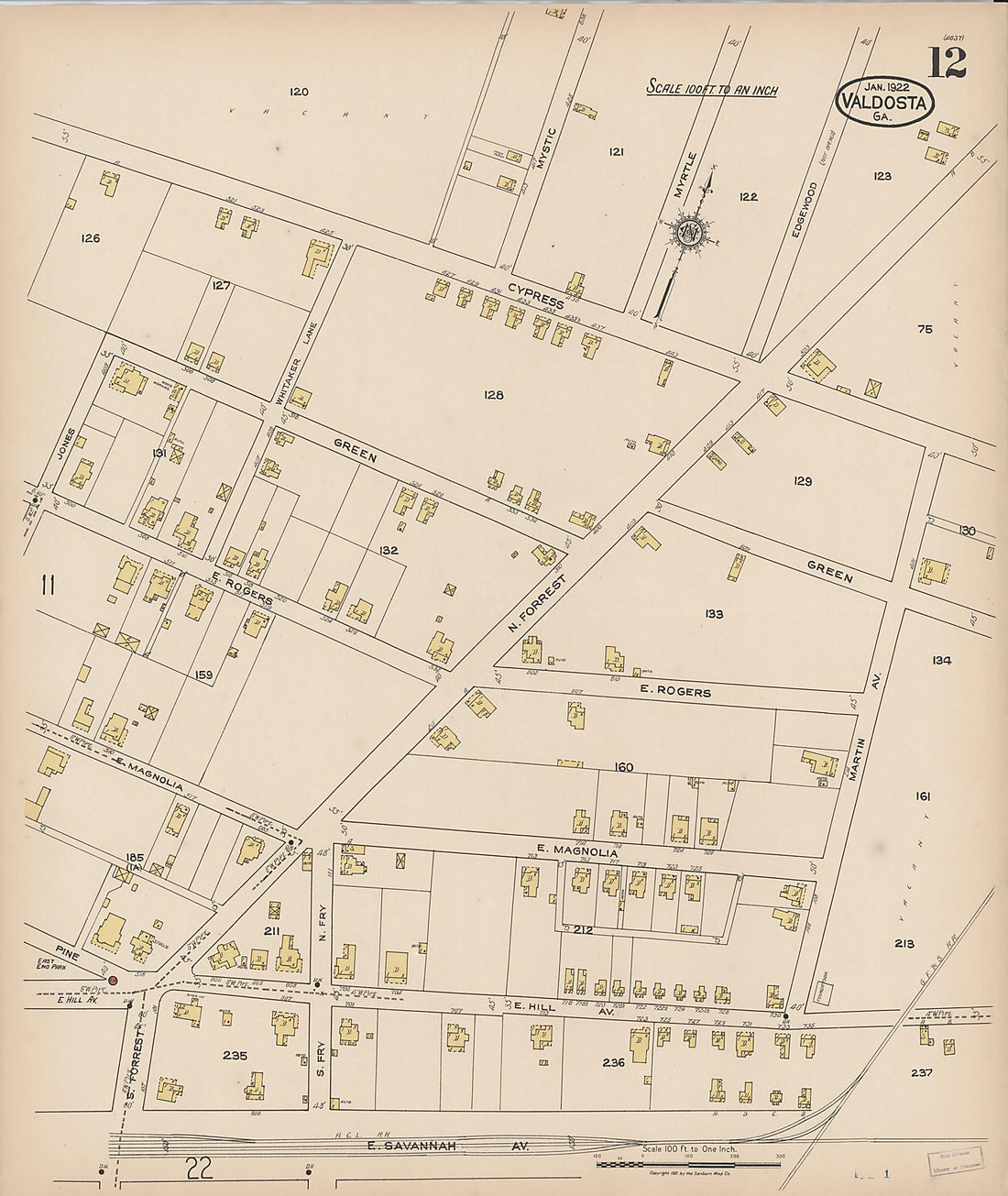 This old map of Valdosta, Lowndes County, Georgia was created by Sanborn Map Company in 1922