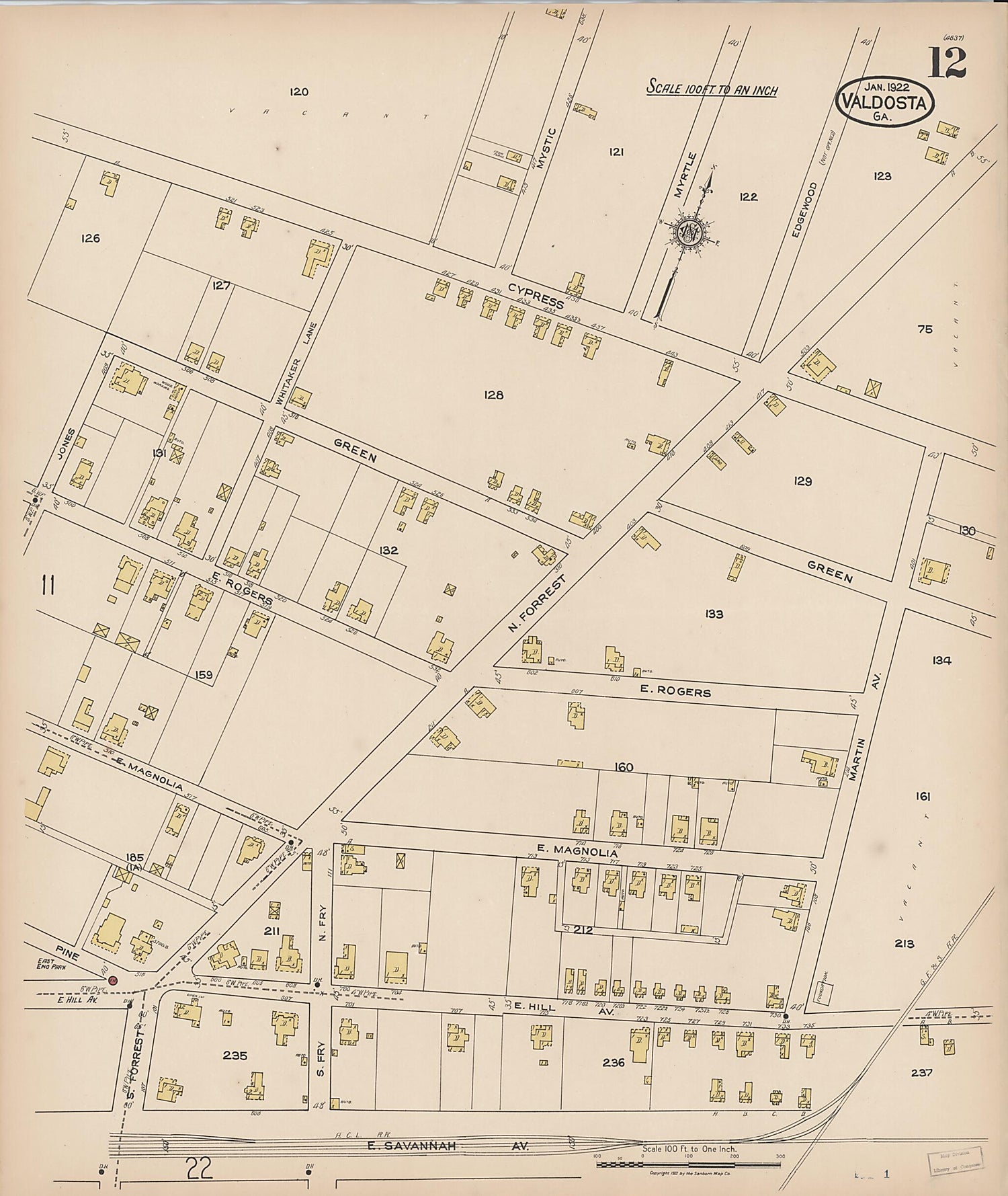 This old map of Valdosta, Lowndes County, Georgia was created by Sanborn Map Company in 1922