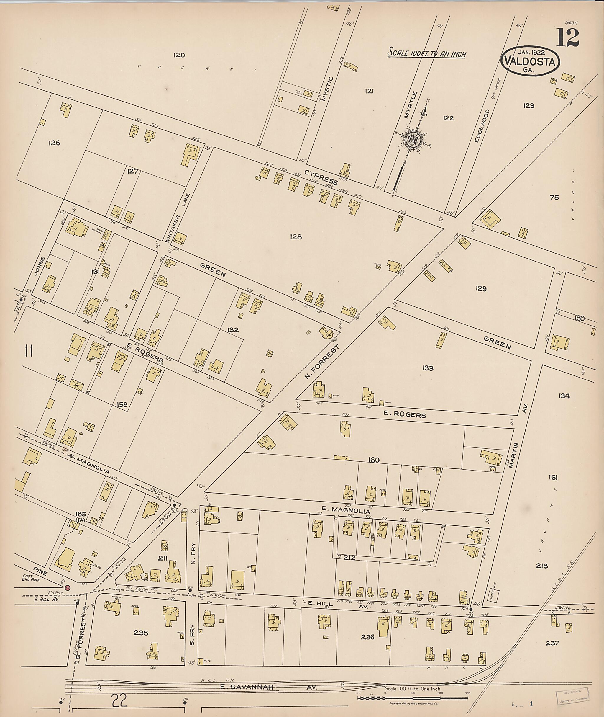 This old map of Valdosta, Lowndes County, Georgia was created by Sanborn Map Company in 1922