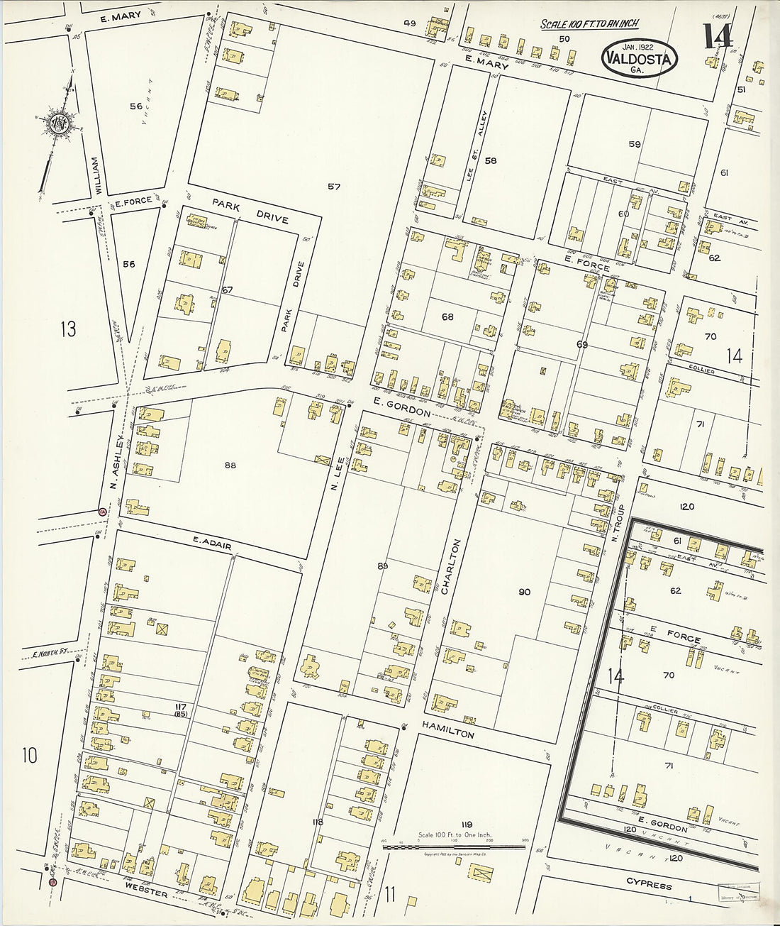 This old map of Valdosta, Lowndes County, Georgia was created by Sanborn Map Company in 1922