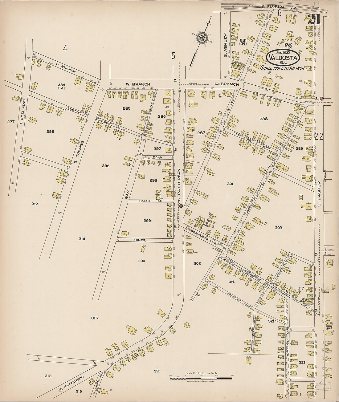 This old map of Valdosta, Lowndes County, Georgia was created by Sanborn Map Company in 1922