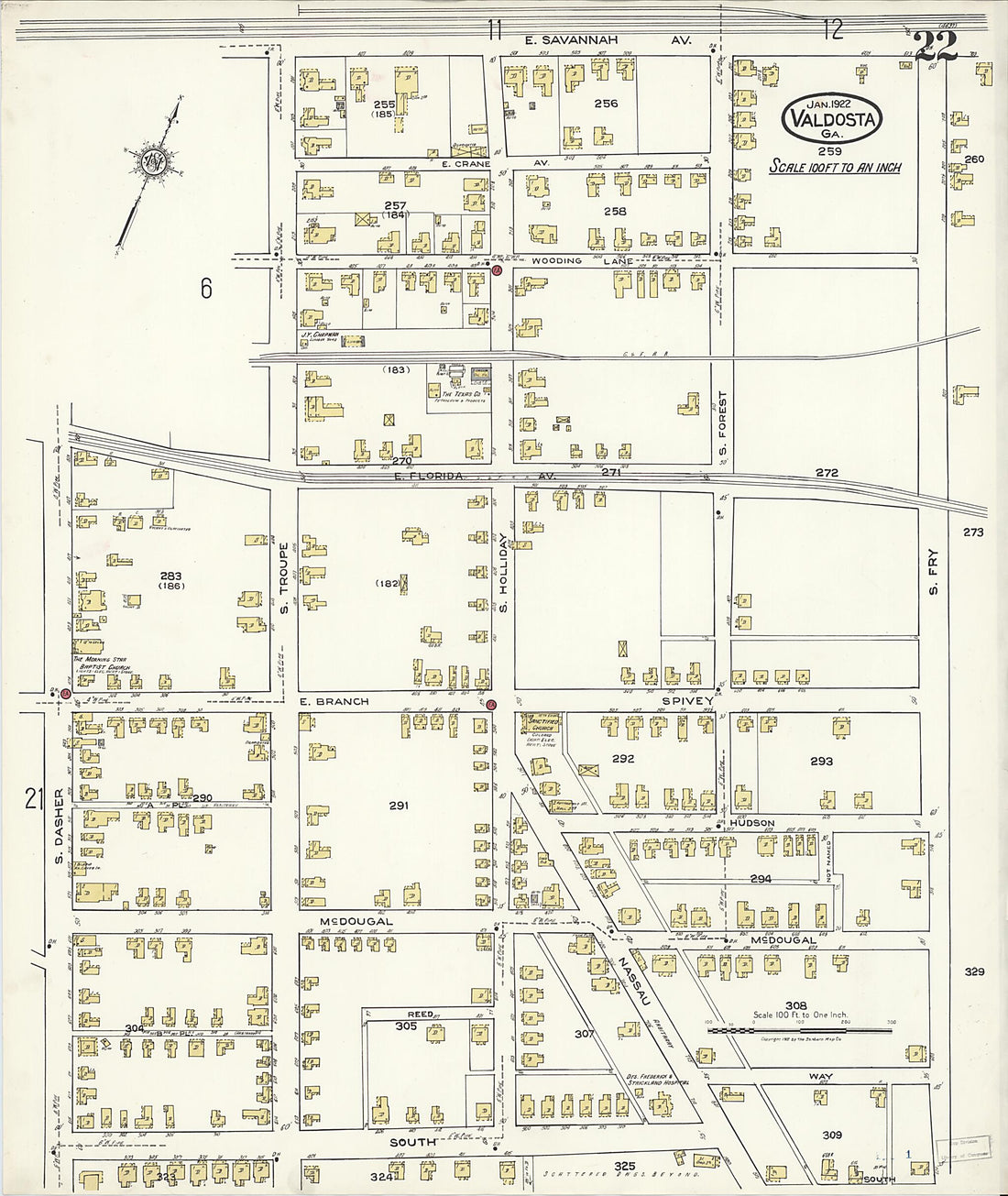 This old map of Valdosta, Lowndes County, Georgia was created by Sanborn Map Company in 1922