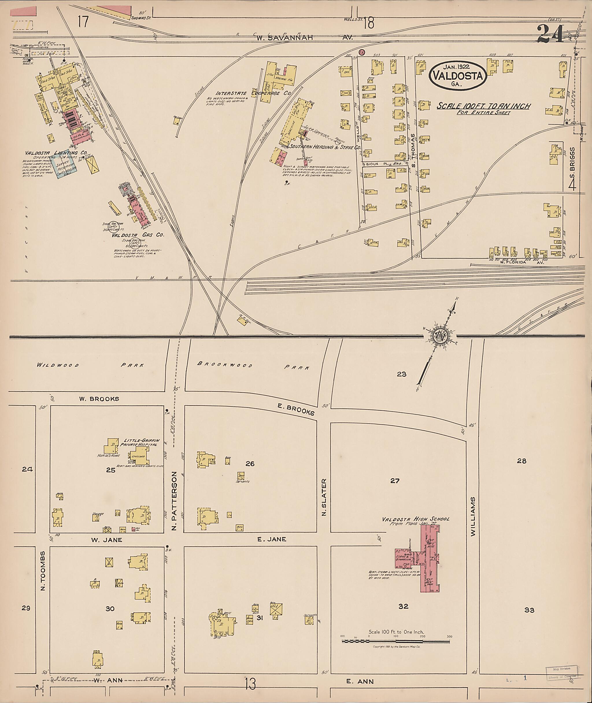 This old map of Valdosta, Lowndes County, Georgia was created by Sanborn Map Company in 1922