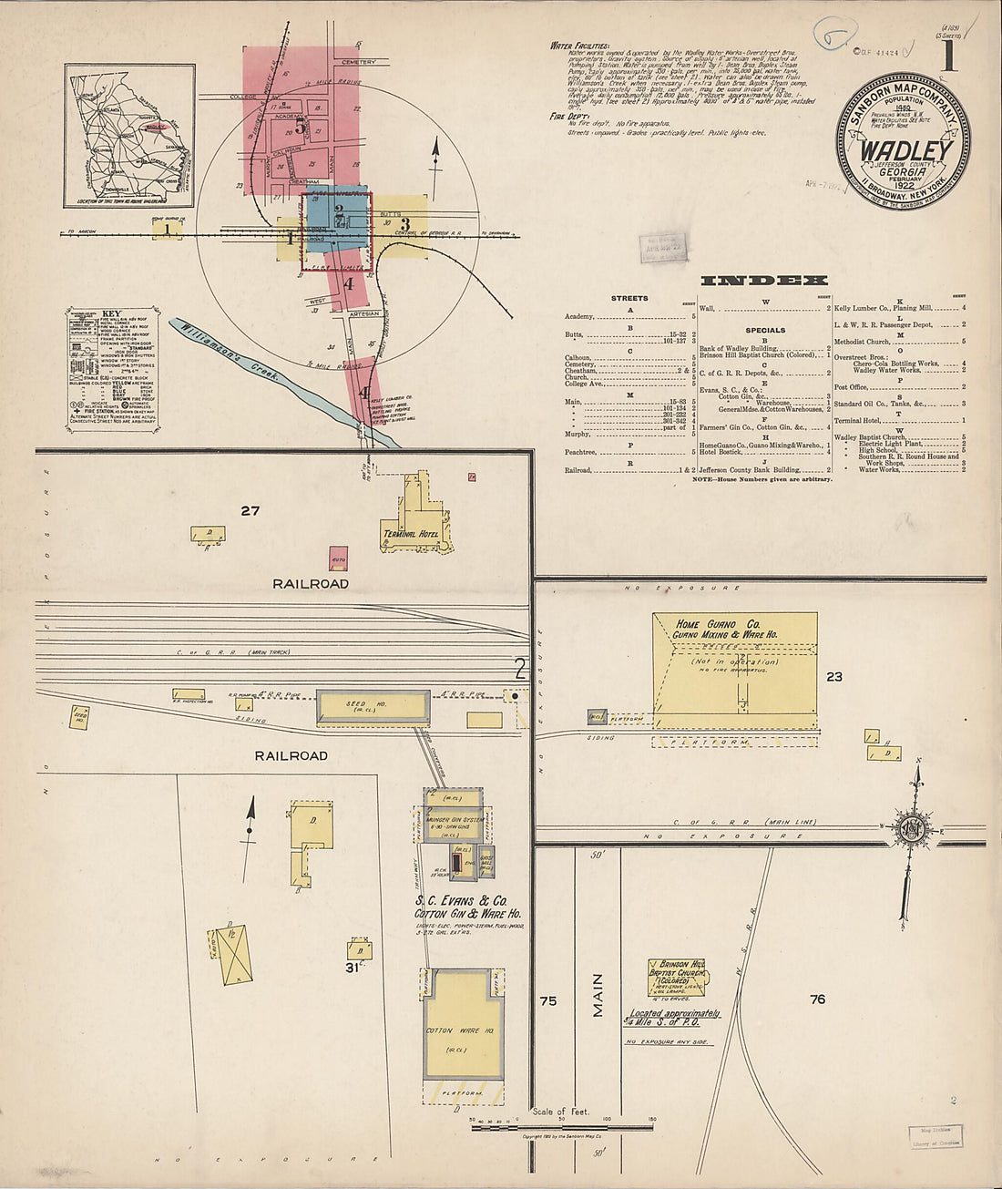 This old map of Wadley, Jefferson County, Georgia was created by Sanborn Map Company in 1922