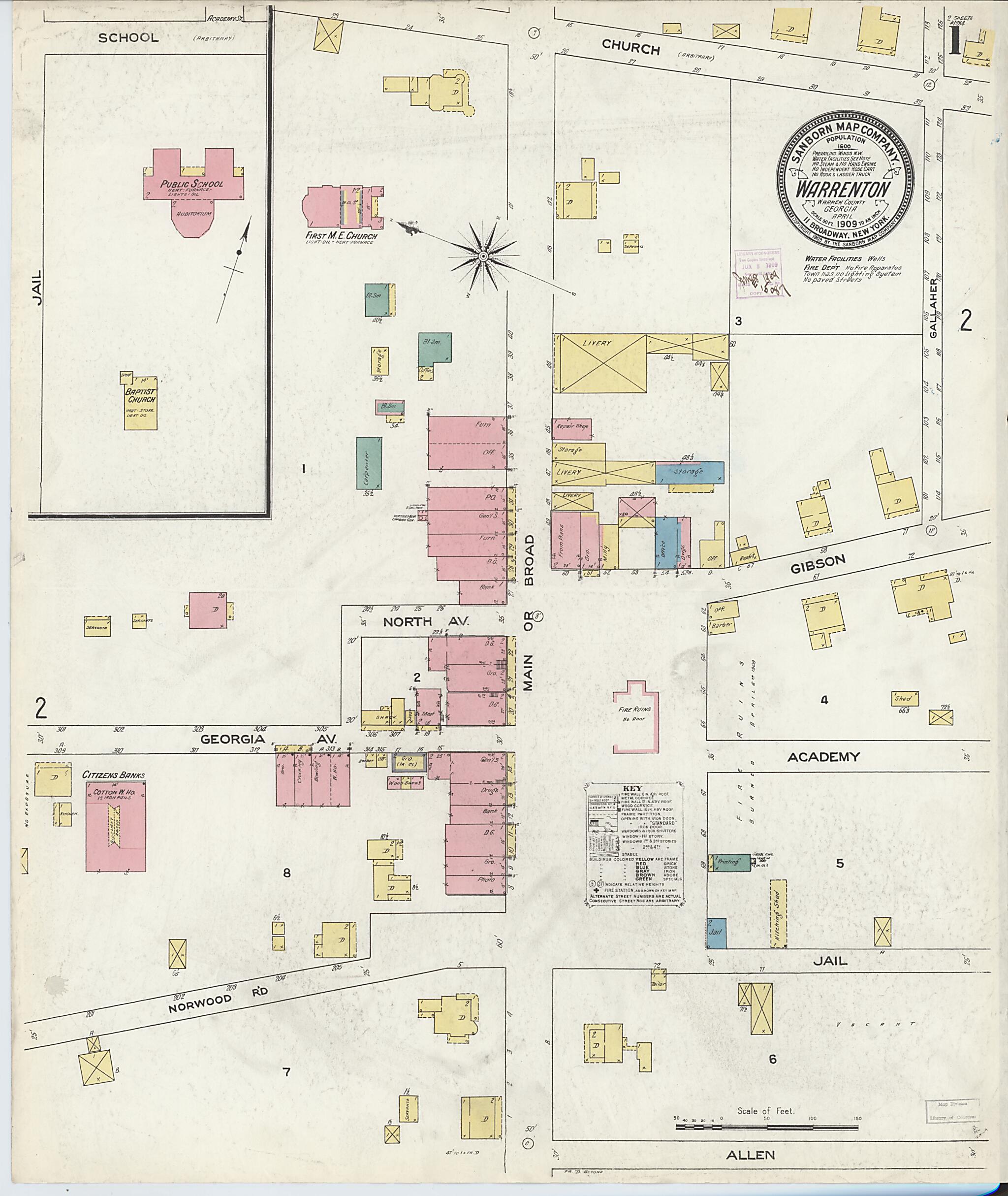 This old map of Warrenton, Warren County, Georgia was created by Sanborn Map Company in 1909