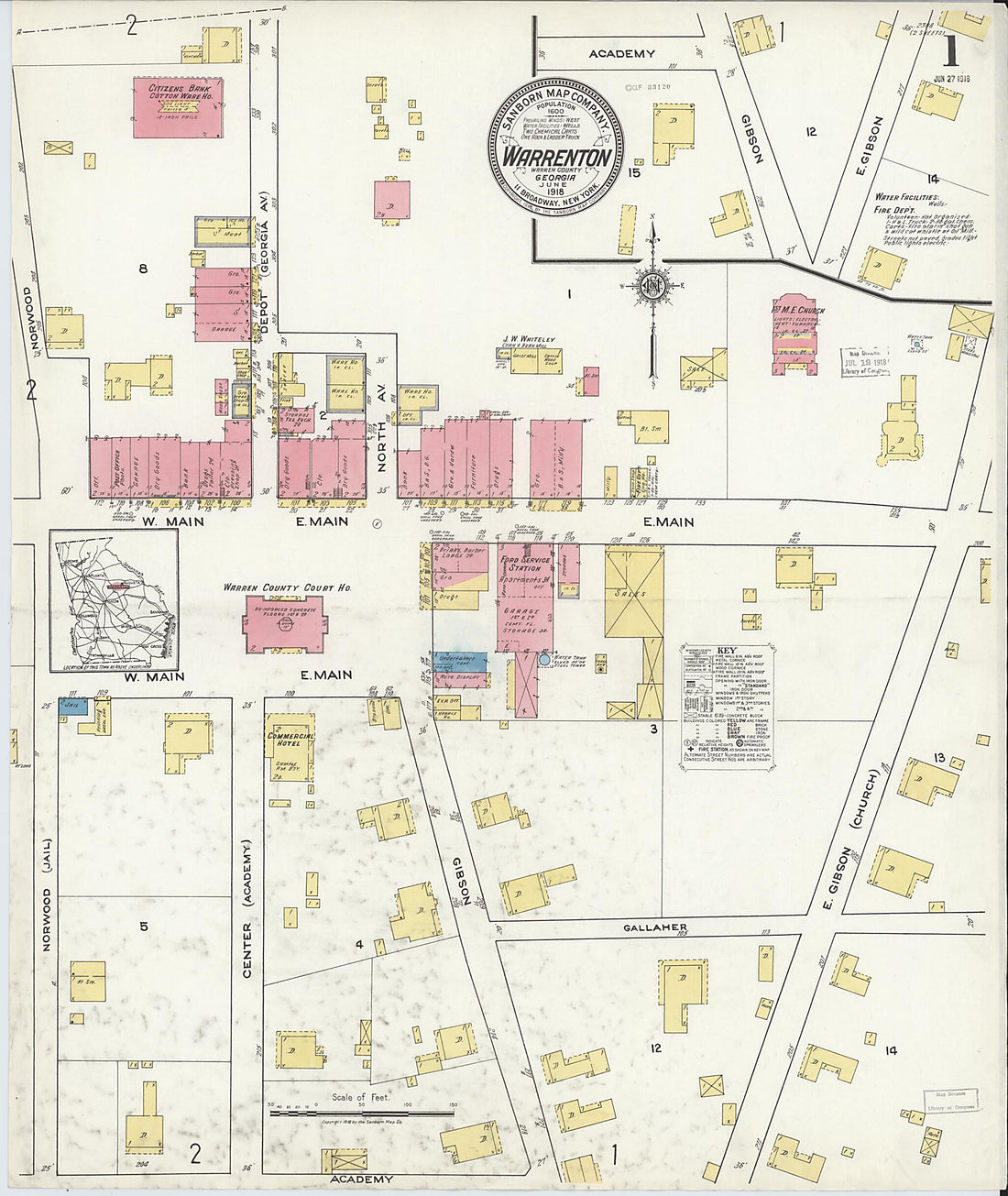 This old map of Warrenton, Warren County, Georgia was created by Sanborn Map Company in 1918