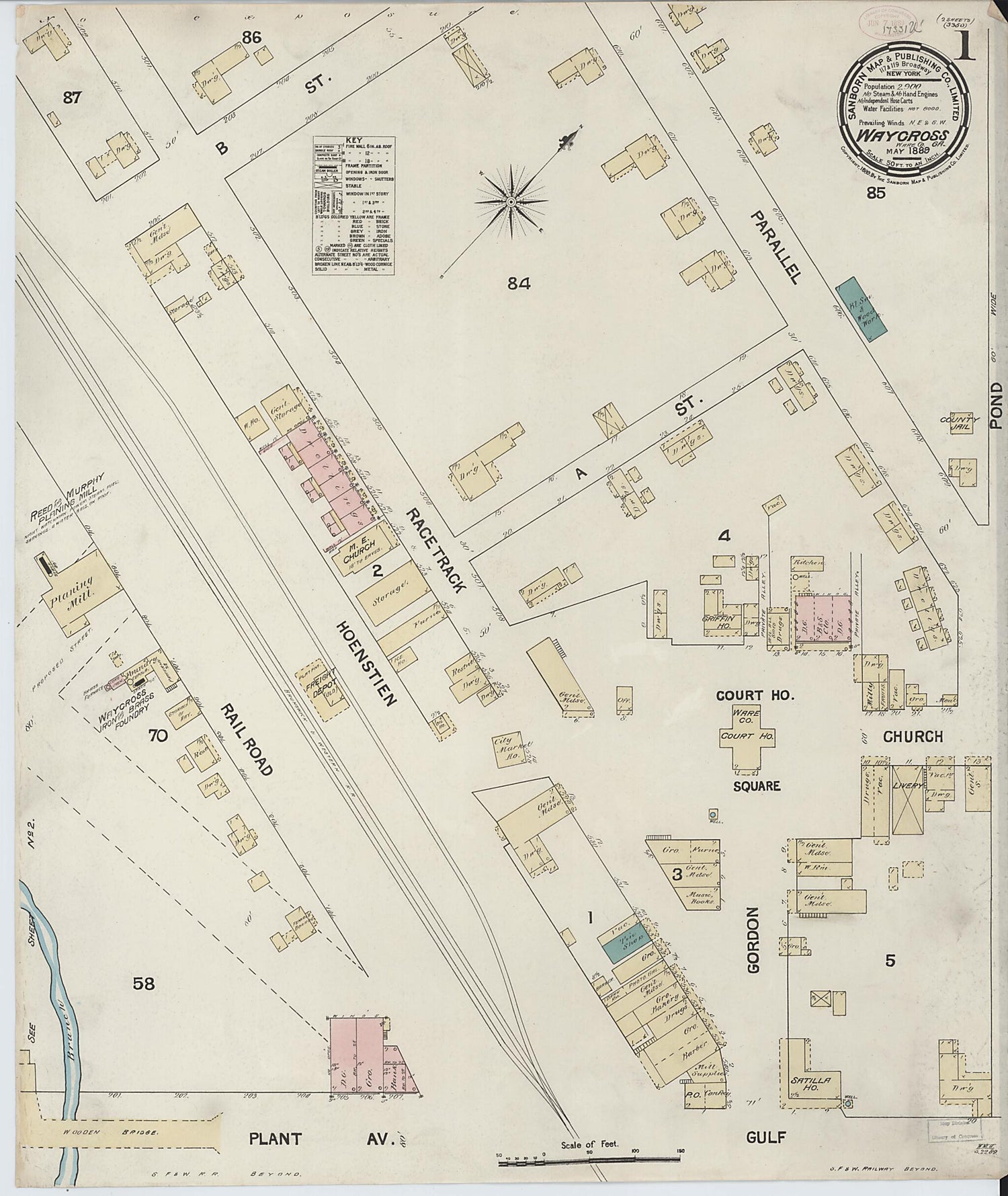 This old map of Waycross, Ware County, Georgia was created by Sanborn Map Company in 1889