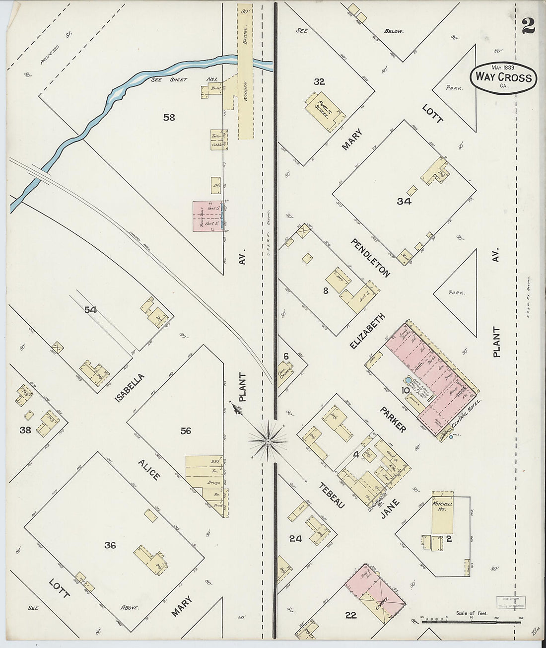 This old map of Waycross, Ware County, Georgia was created by Sanborn Map Company in 1889