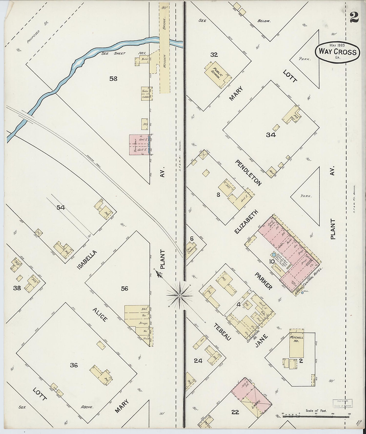 This old map of Waycross, Ware County, Georgia was created by Sanborn Map Company in 1889