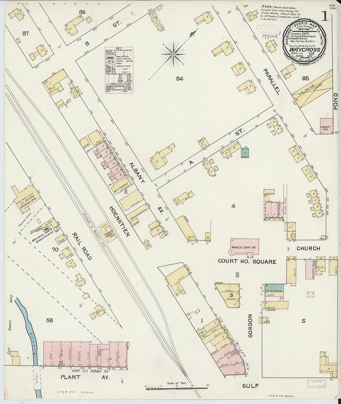 This old map of Waycross, Ware County, Georgia was created by Sanborn Map Company in 1892