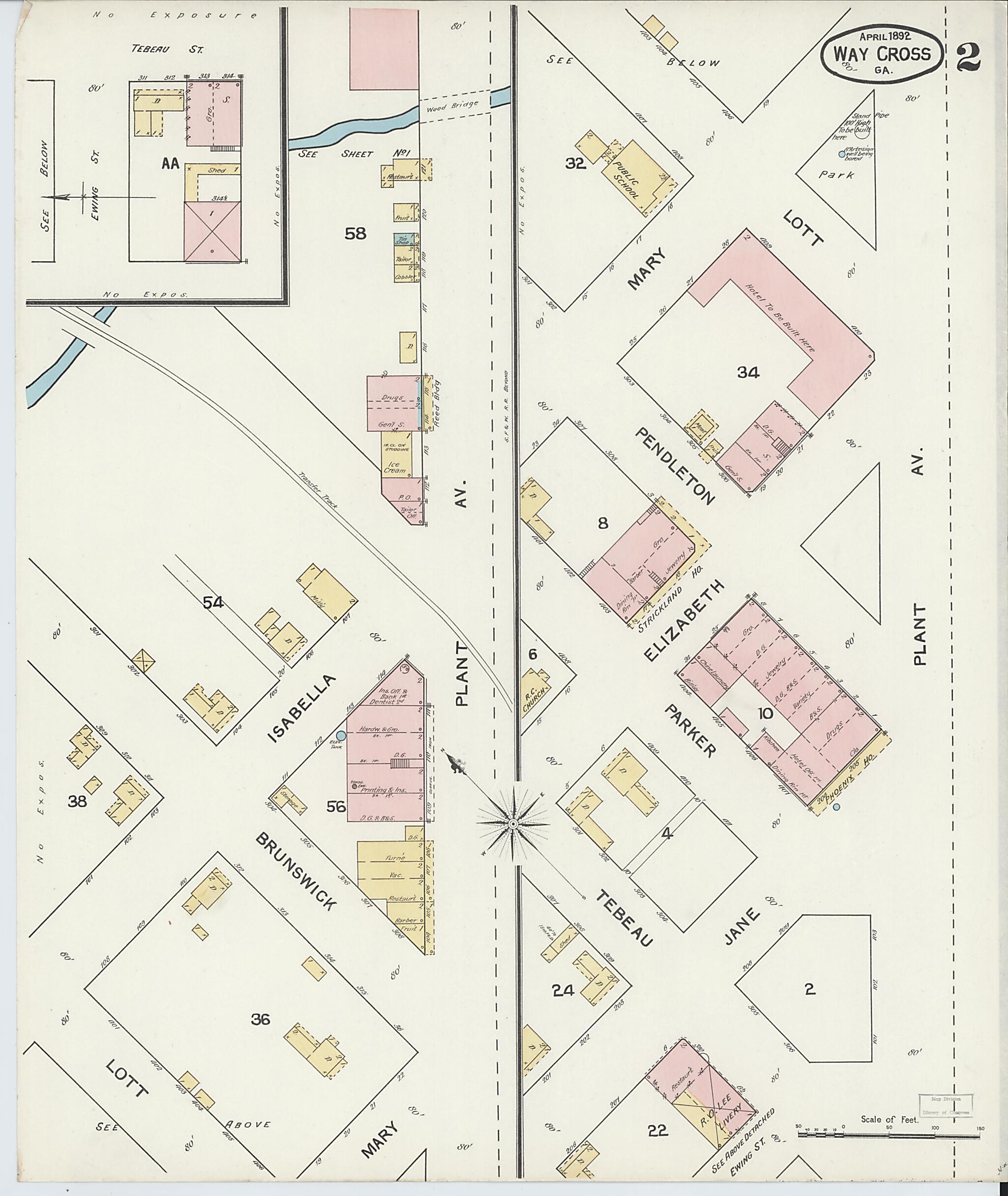 This old map of Waycross, Ware County, Georgia was created by Sanborn Map Company in 1892