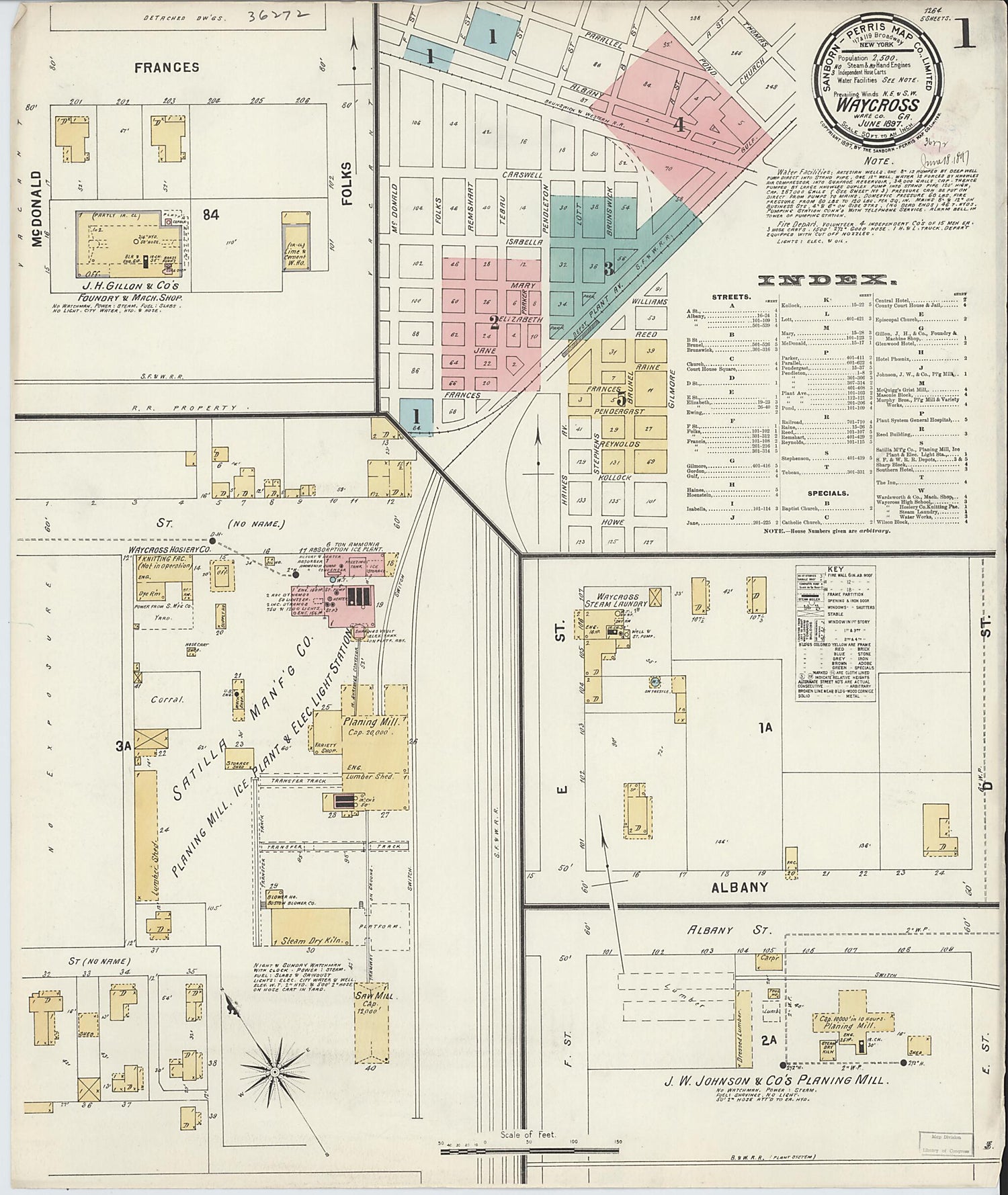 This old map of Waycross, Ware County, Georgia was created by Sanborn Map Company in 1897