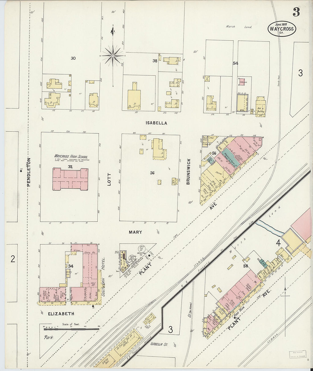 This old map of Waycross, Ware County, Georgia was created by Sanborn Map Company in 1897