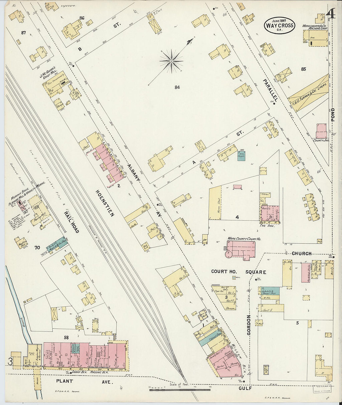 This old map of Waycross, Ware County, Georgia was created by Sanborn Map Company in 1897