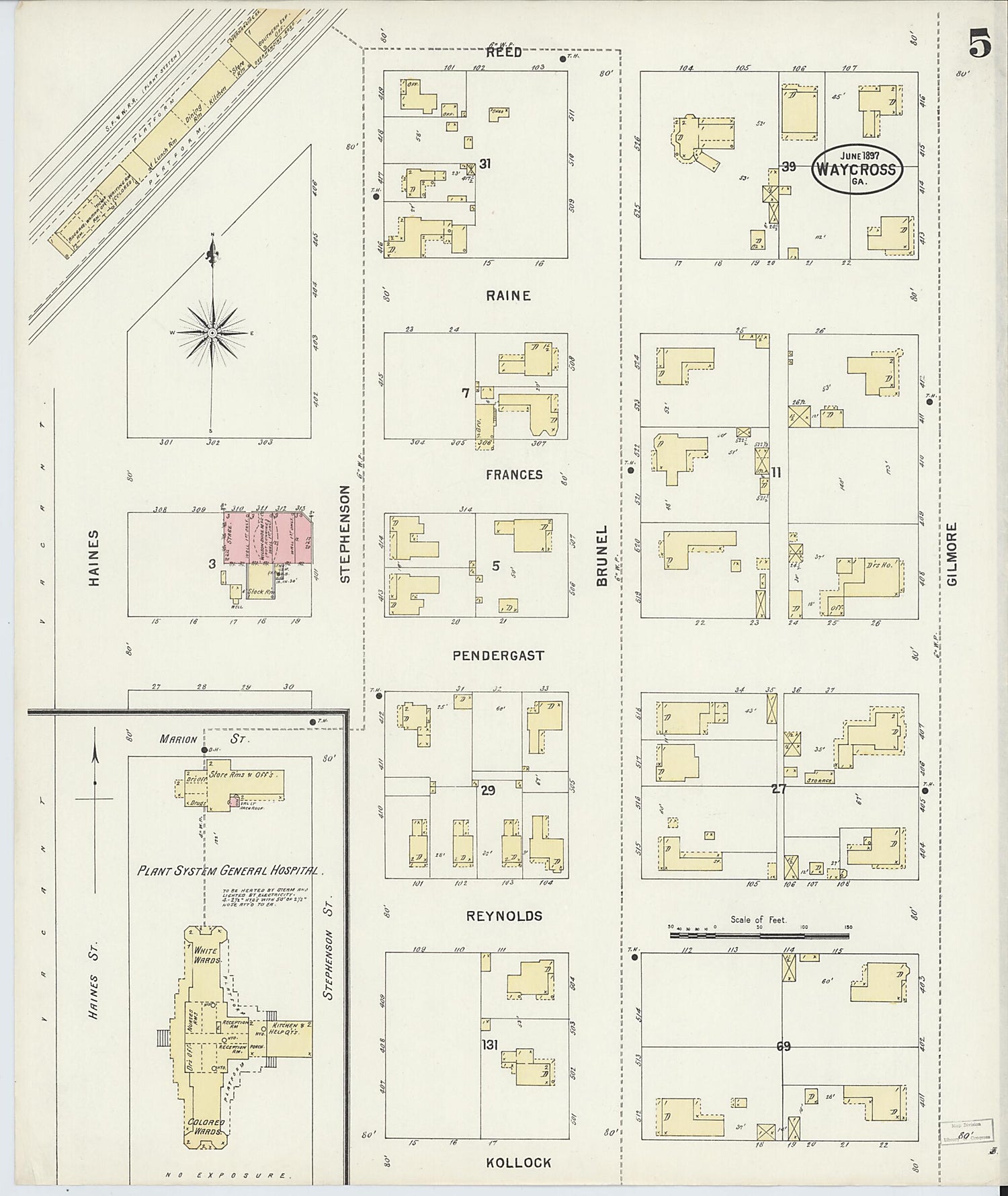 This old map of Waycross, Ware County, Georgia was created by Sanborn Map Company in 1897