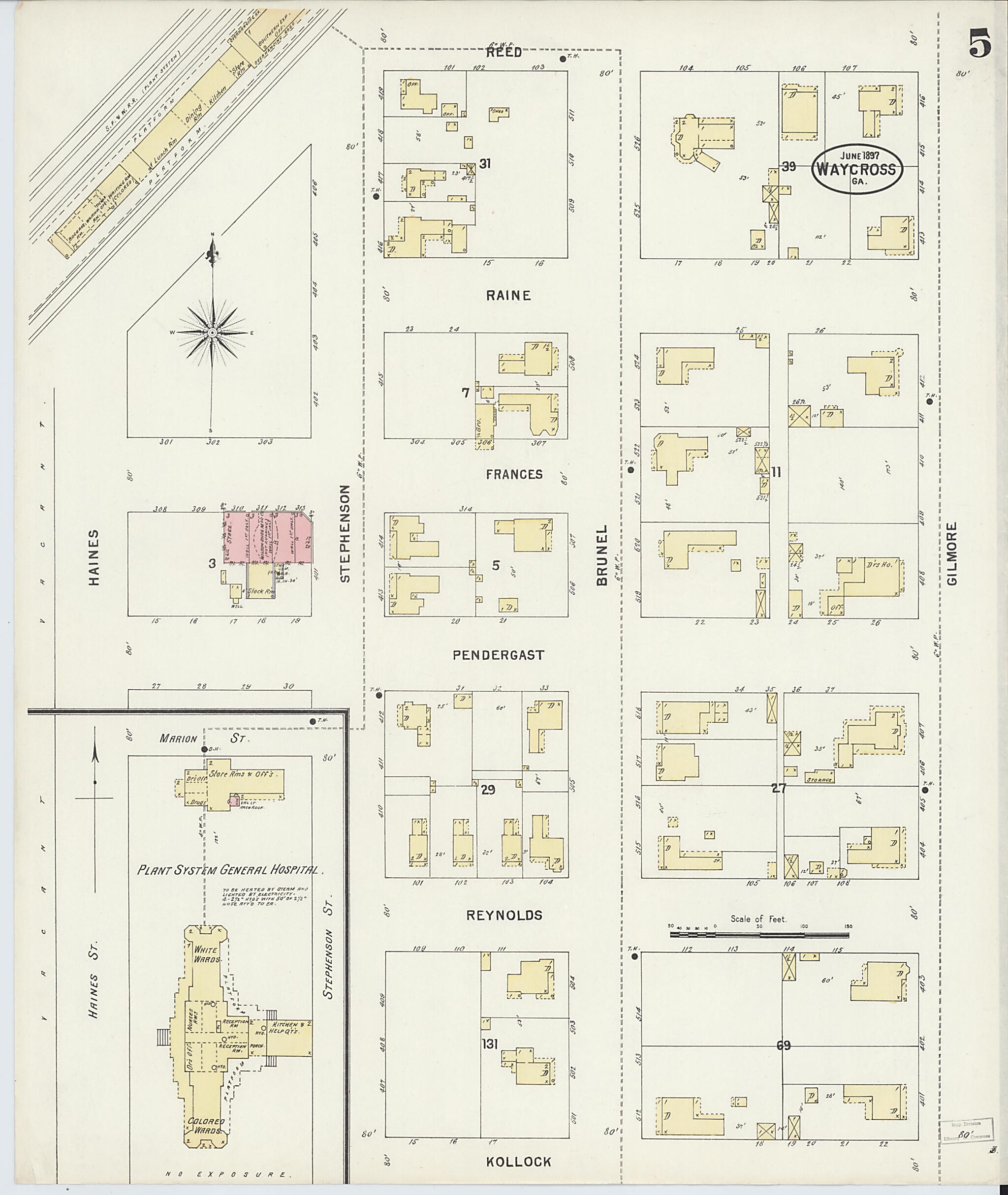 This old map of Waycross, Ware County, Georgia was created by Sanborn Map Company in 1897