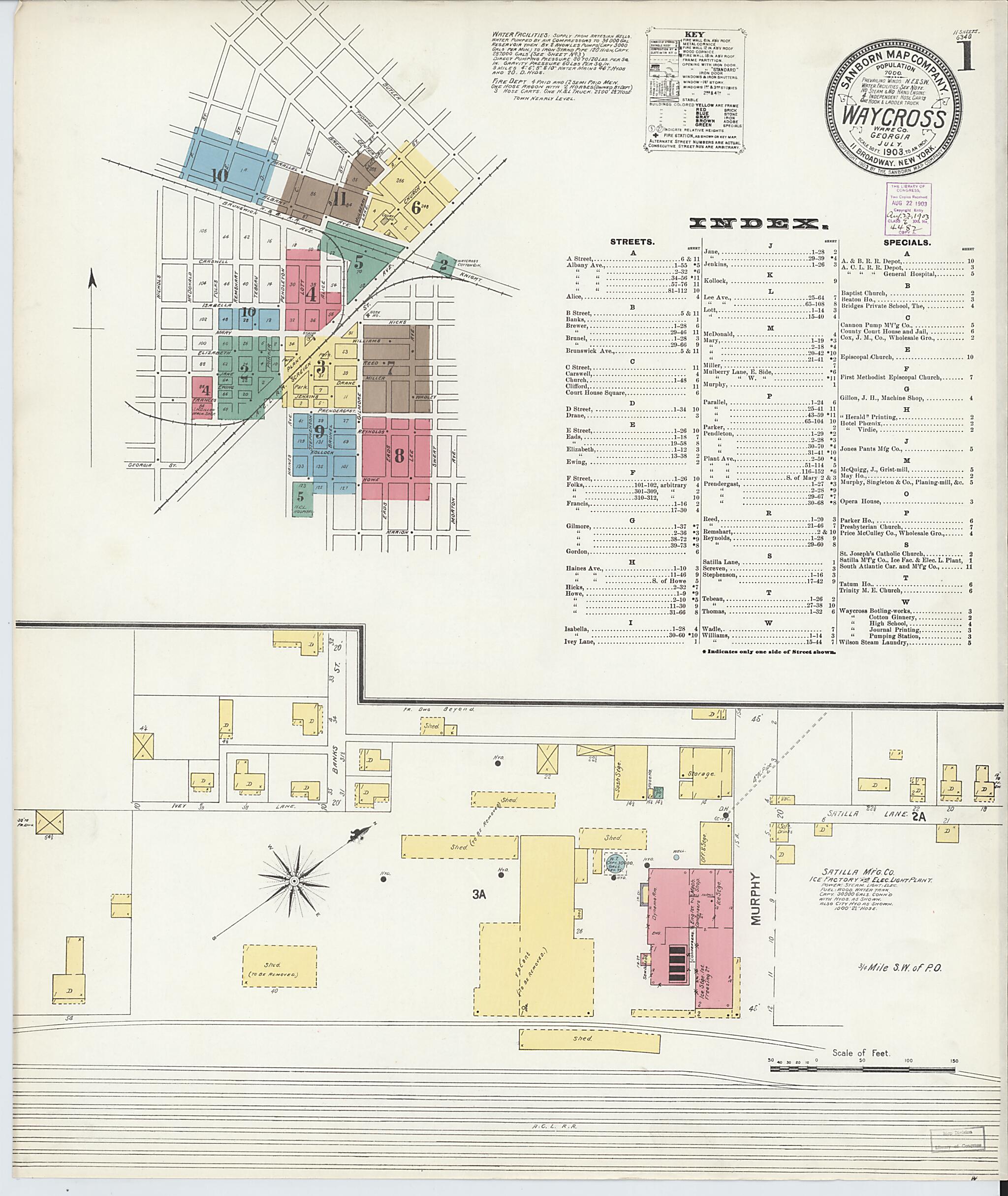 This old map of Waycross, Ware County, Georgia was created by Sanborn Map Company in 1903