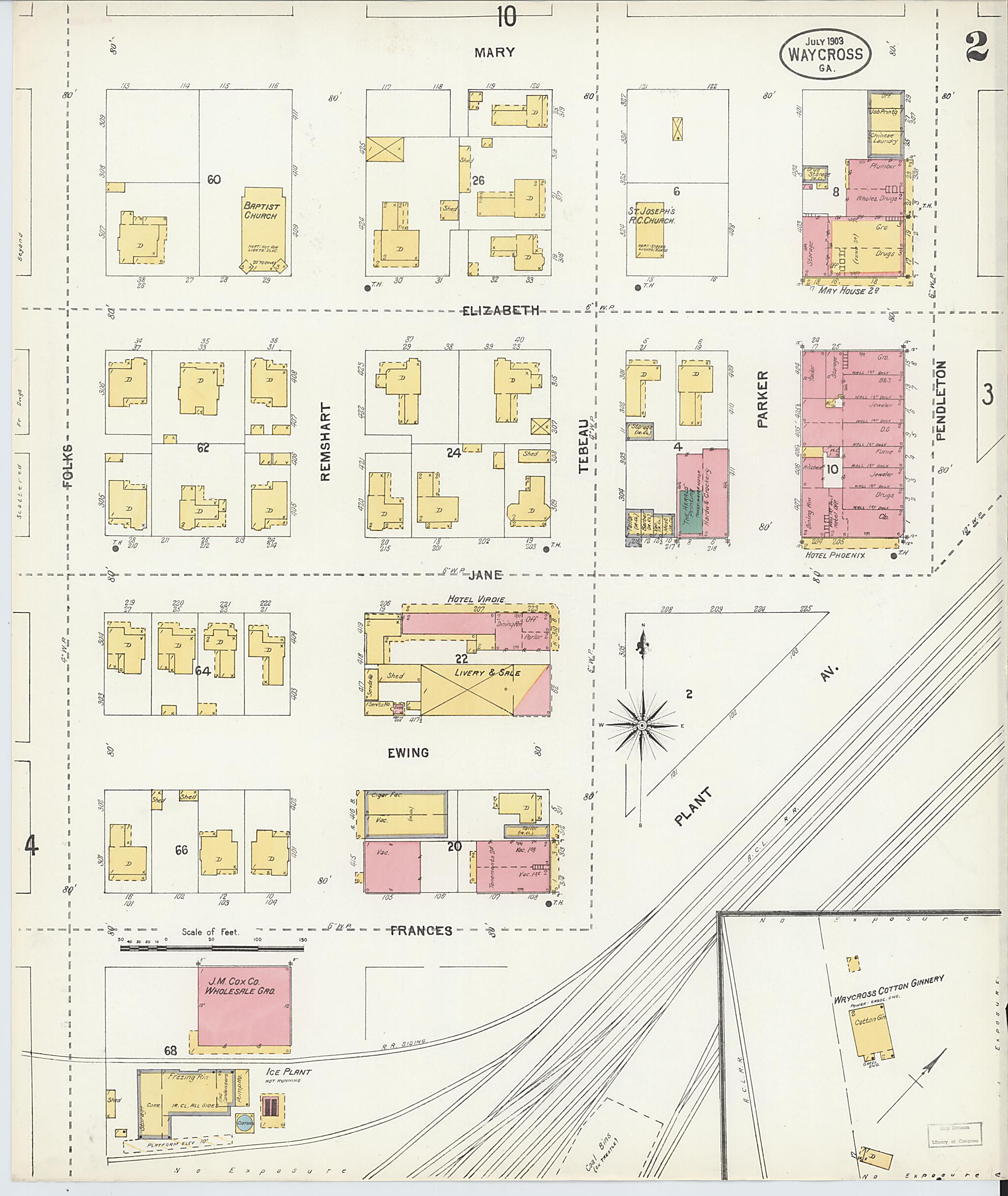 This old map of Waycross, Ware County, Georgia was created by Sanborn Map Company in 1903