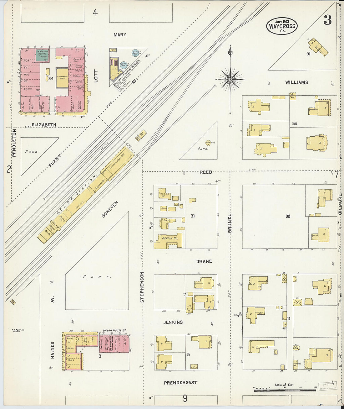 This old map of Waycross, Ware County, Georgia was created by Sanborn Map Company in 1903