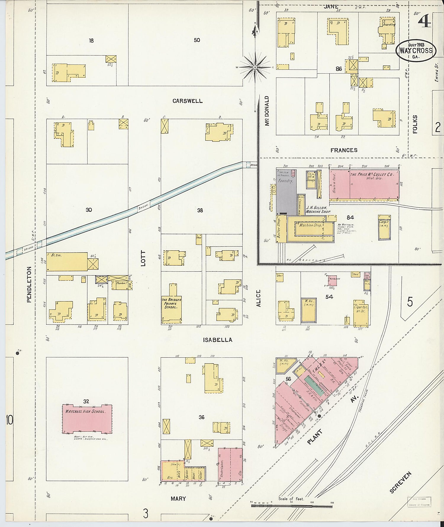 This old map of Waycross, Ware County, Georgia was created by Sanborn Map Company in 1903