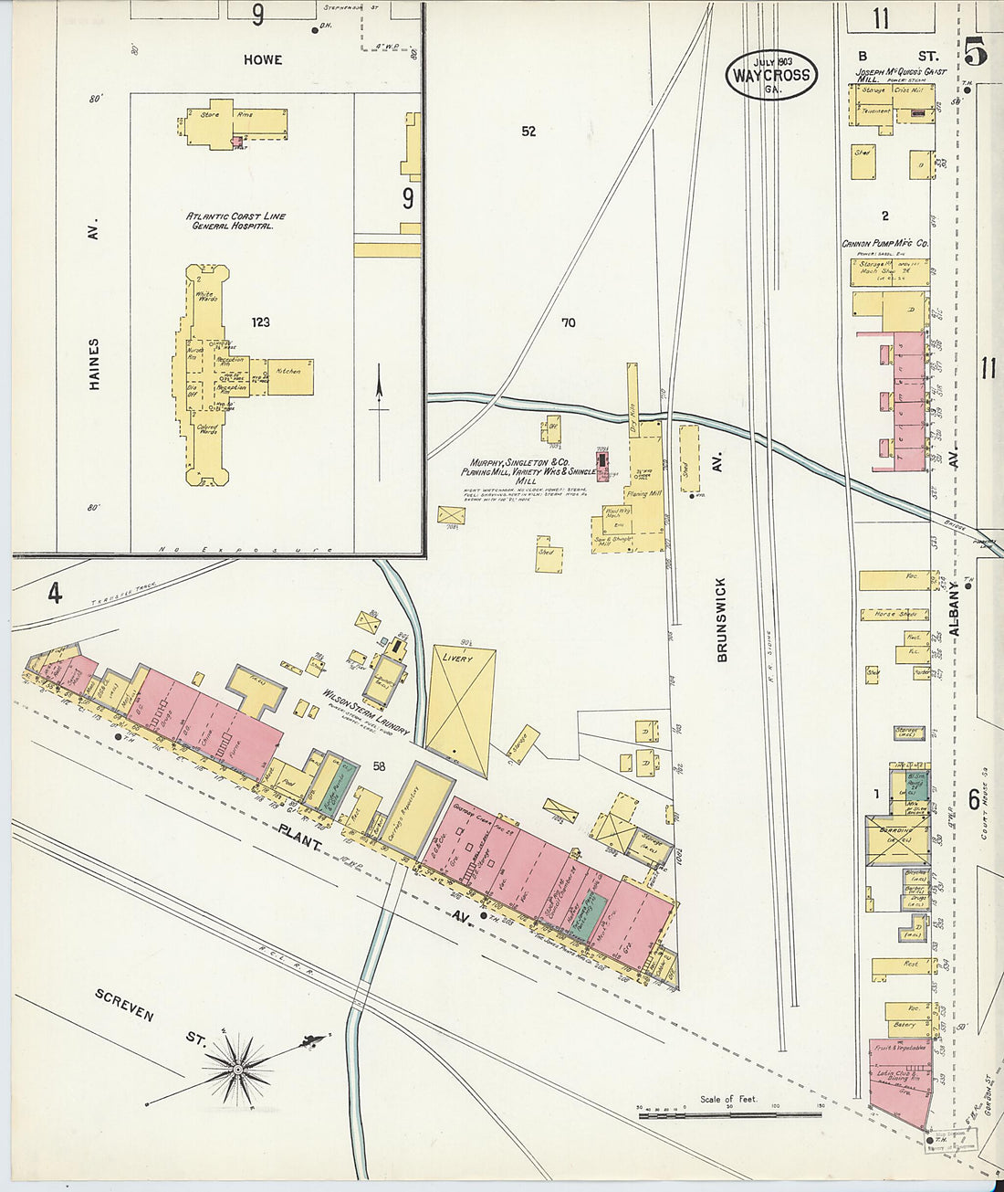 This old map of Waycross, Ware County, Georgia was created by Sanborn Map Company in 1903