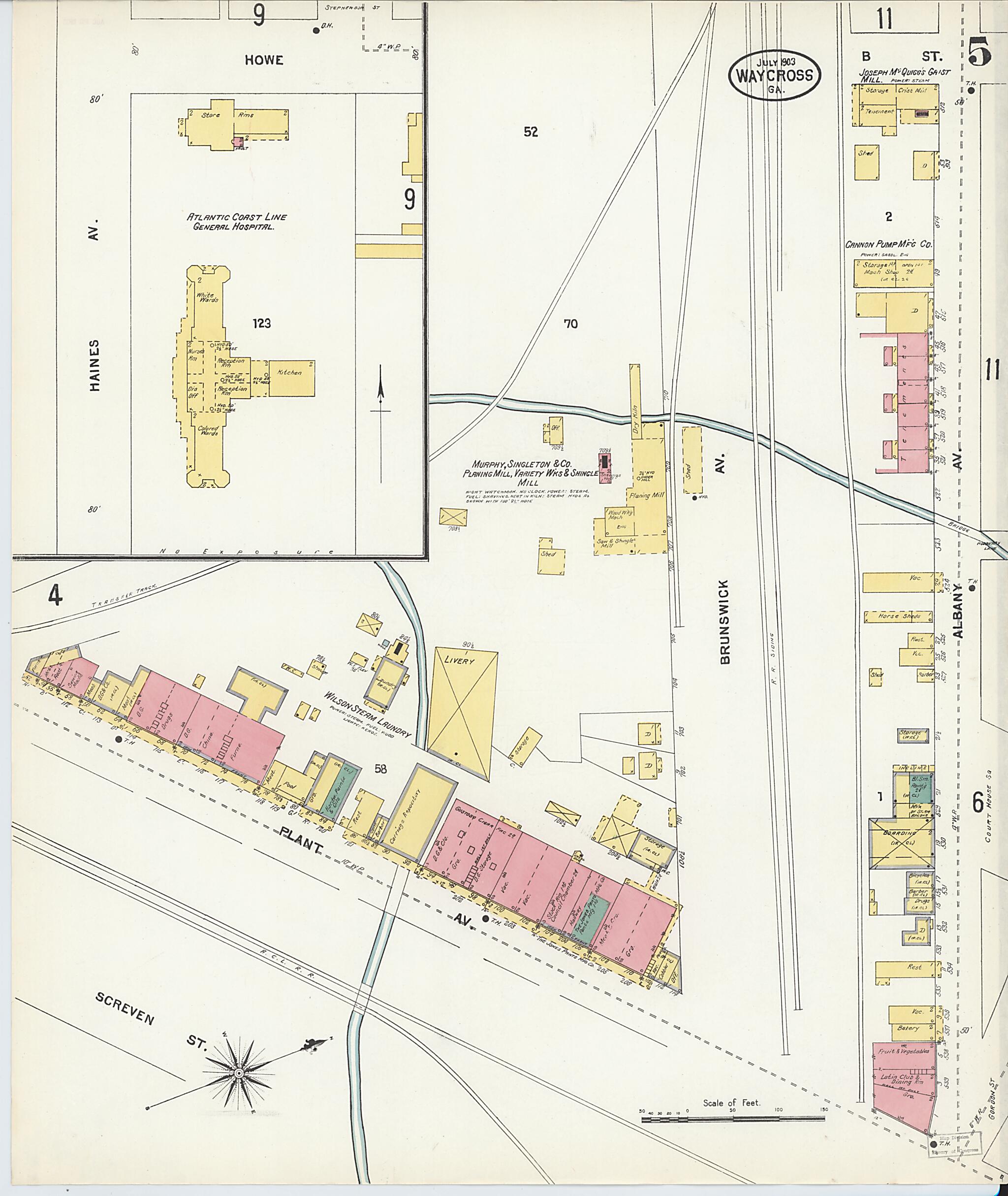 This old map of Waycross, Ware County, Georgia was created by Sanborn Map Company in 1903