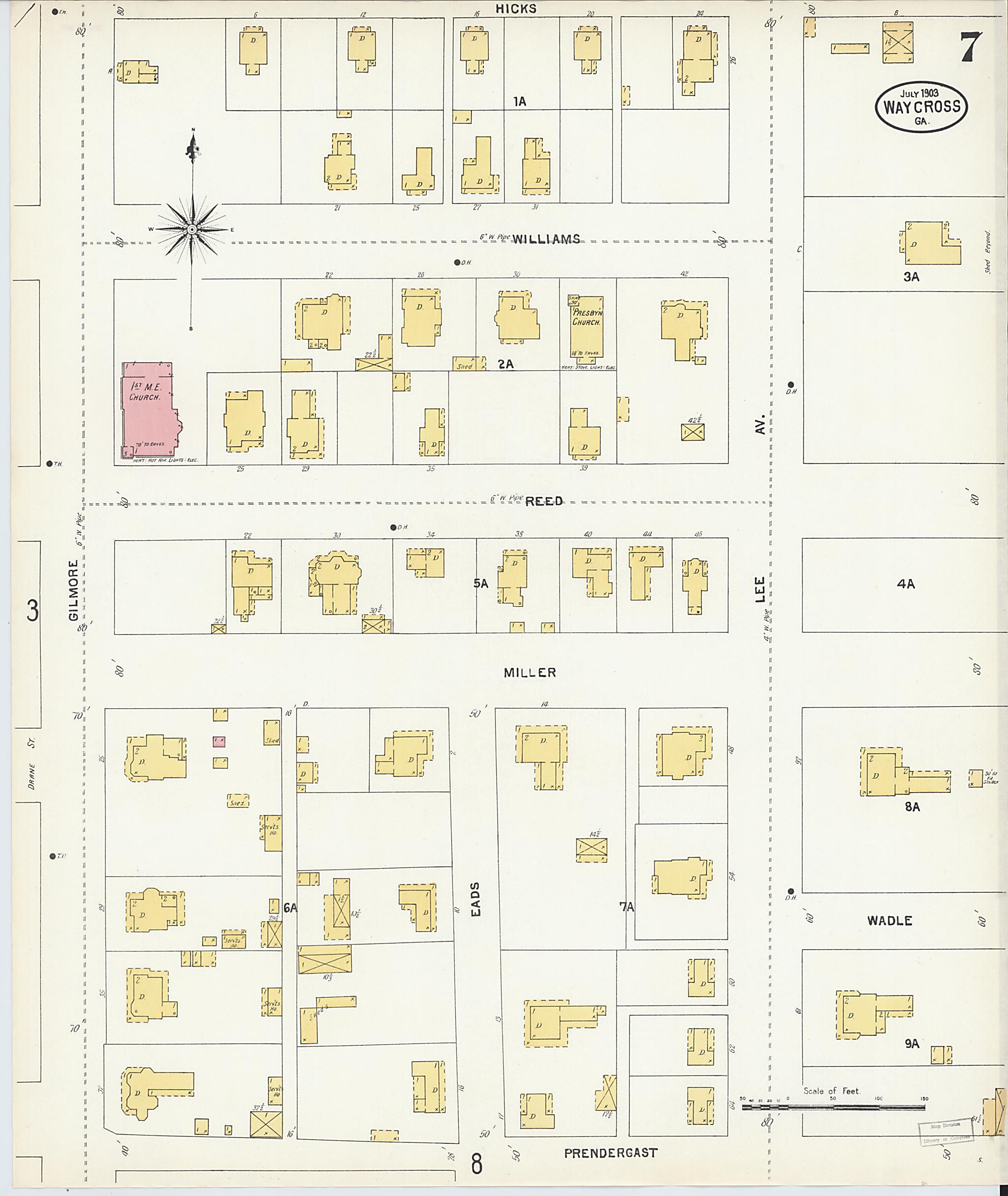 This old map of Waycross, Ware County, Georgia was created by Sanborn Map Company in 1903