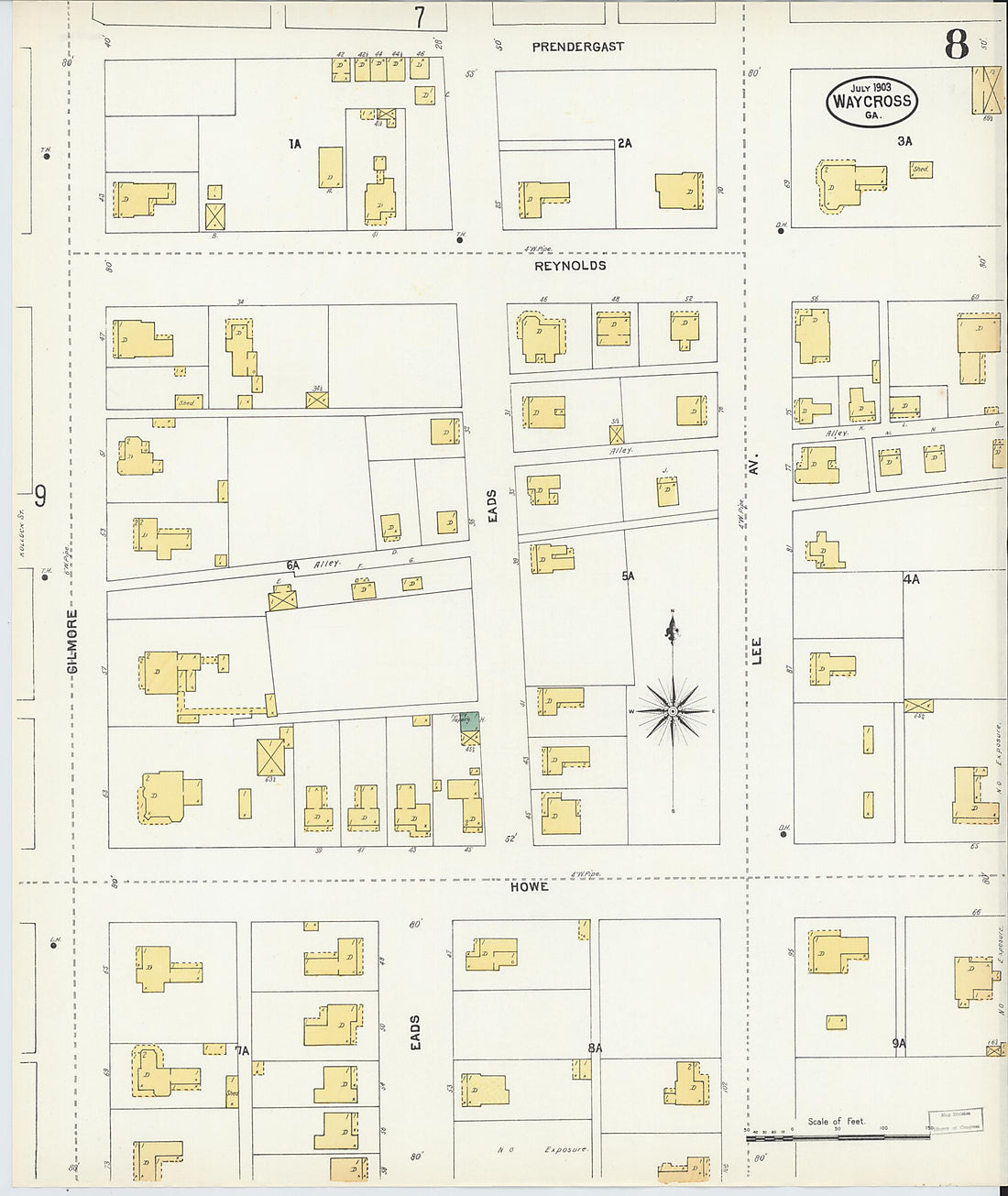 This old map of Waycross, Ware County, Georgia was created by Sanborn Map Company in 1903