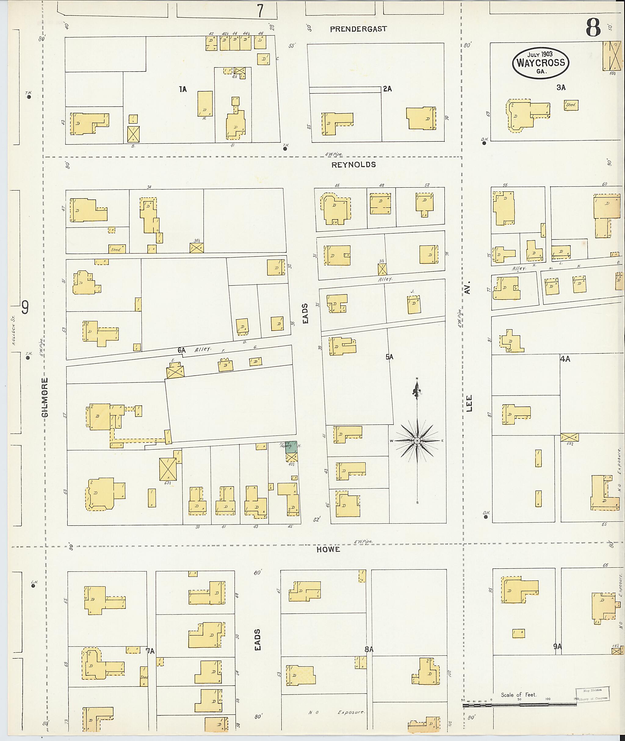 This old map of Waycross, Ware County, Georgia was created by Sanborn Map Company in 1903