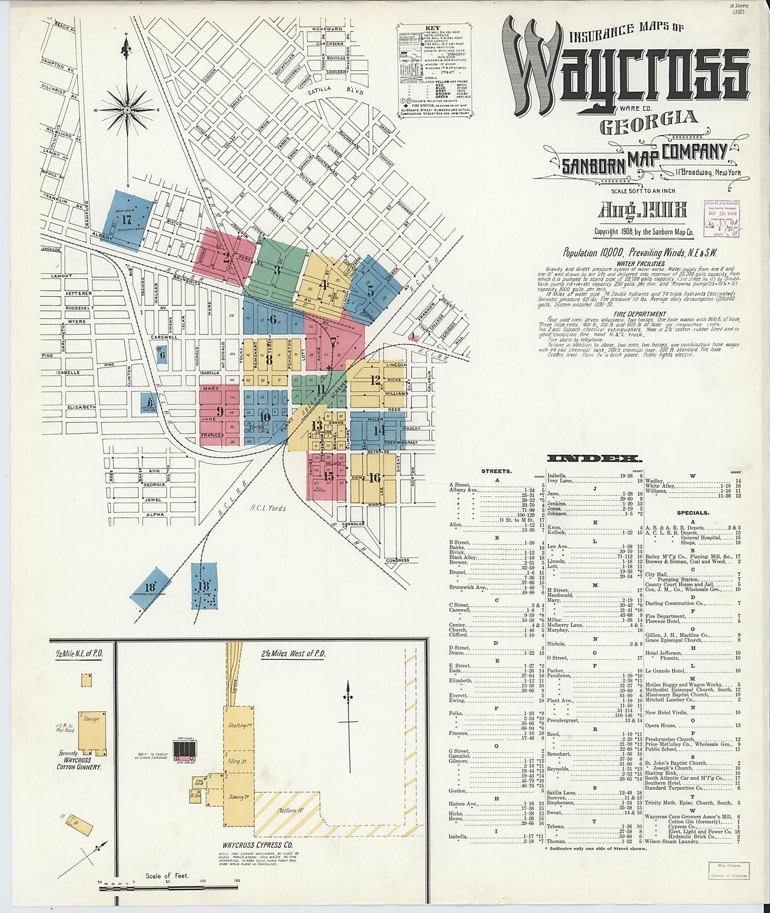 This old map of Waycross, Ware County, Georgia was created by Sanborn Map Company in 1908