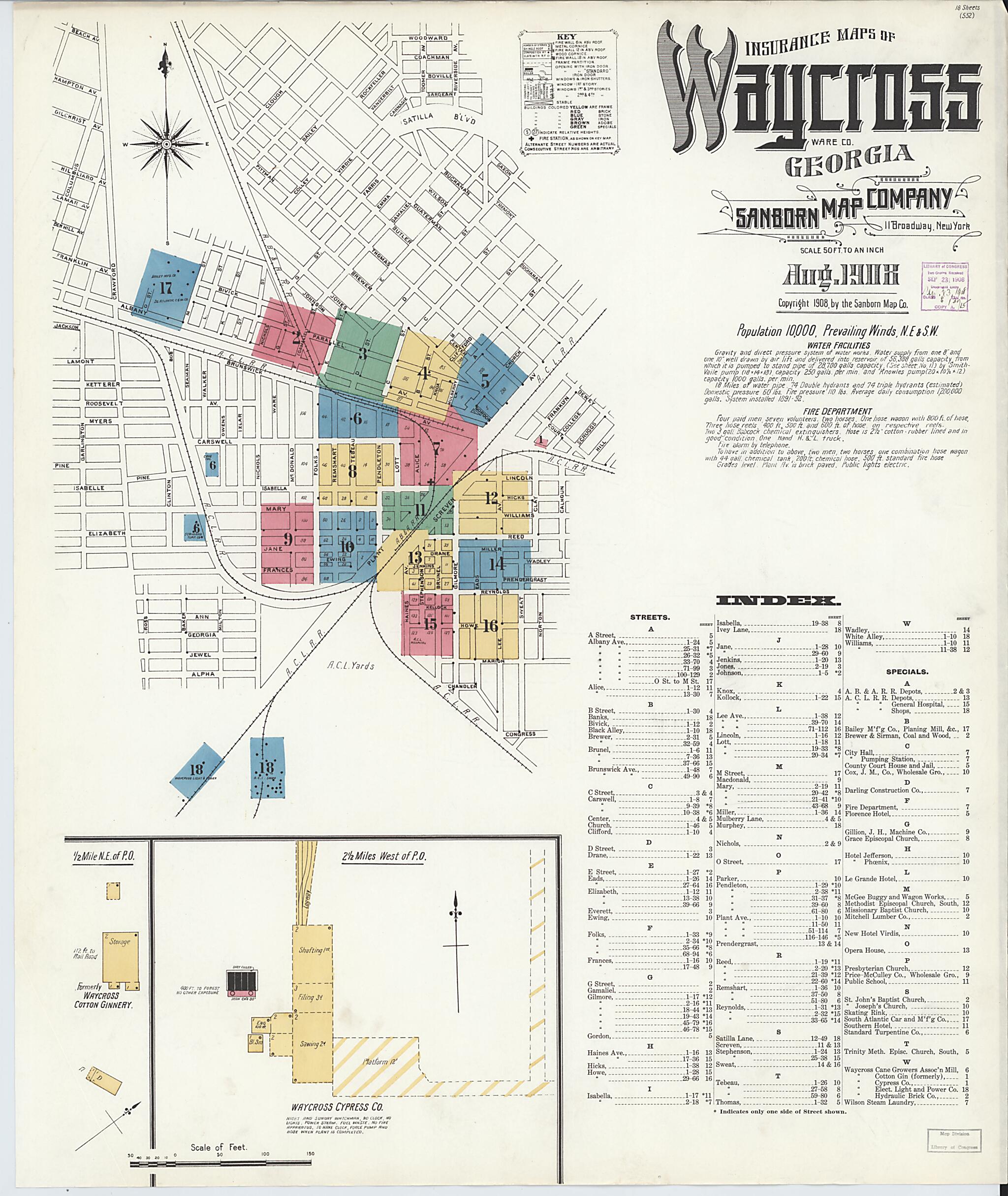 This old map of Waycross, Ware County, Georgia was created by Sanborn Map Company in 1908