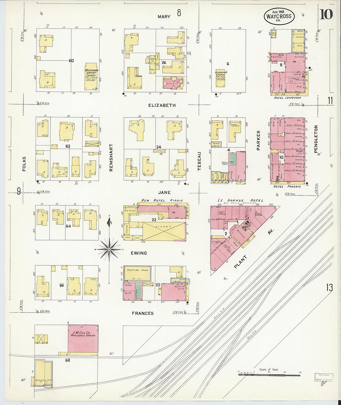 This old map of Waycross, Ware County, Georgia was created by Sanborn Map Company in 1908