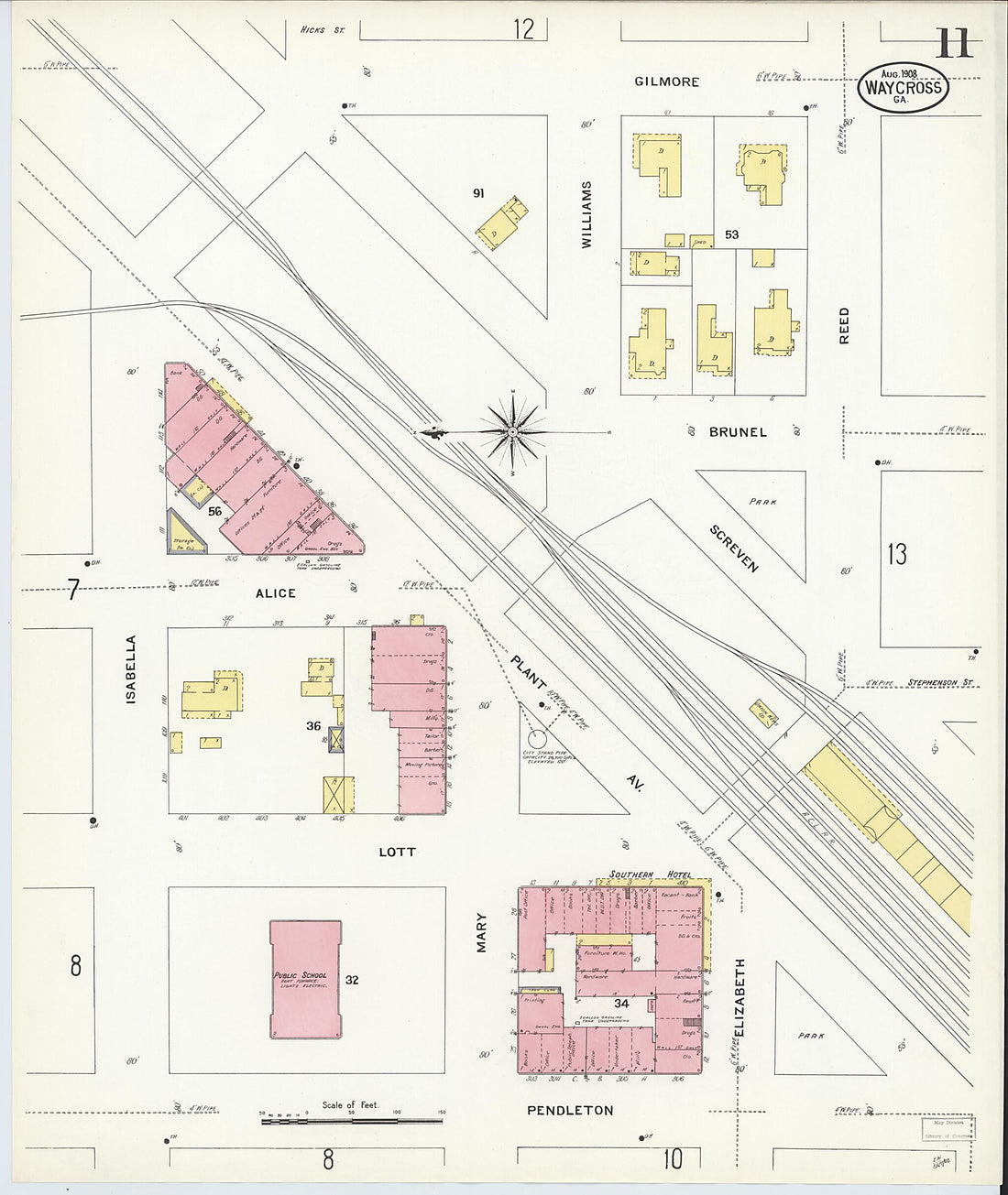 This old map of Waycross, Ware County, Georgia was created by Sanborn Map Company in 1908