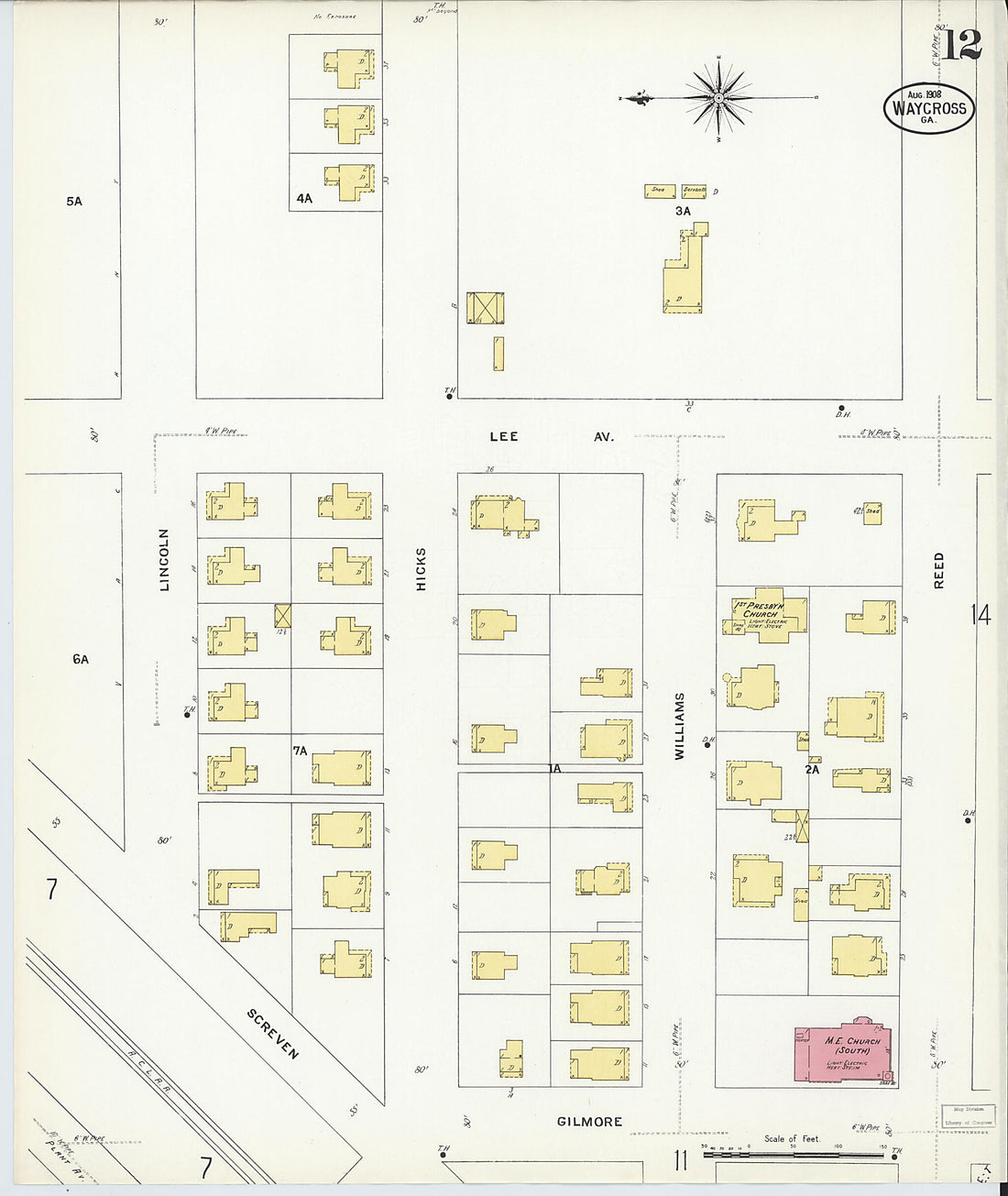 This old map of Waycross, Ware County, Georgia was created by Sanborn Map Company in 1908