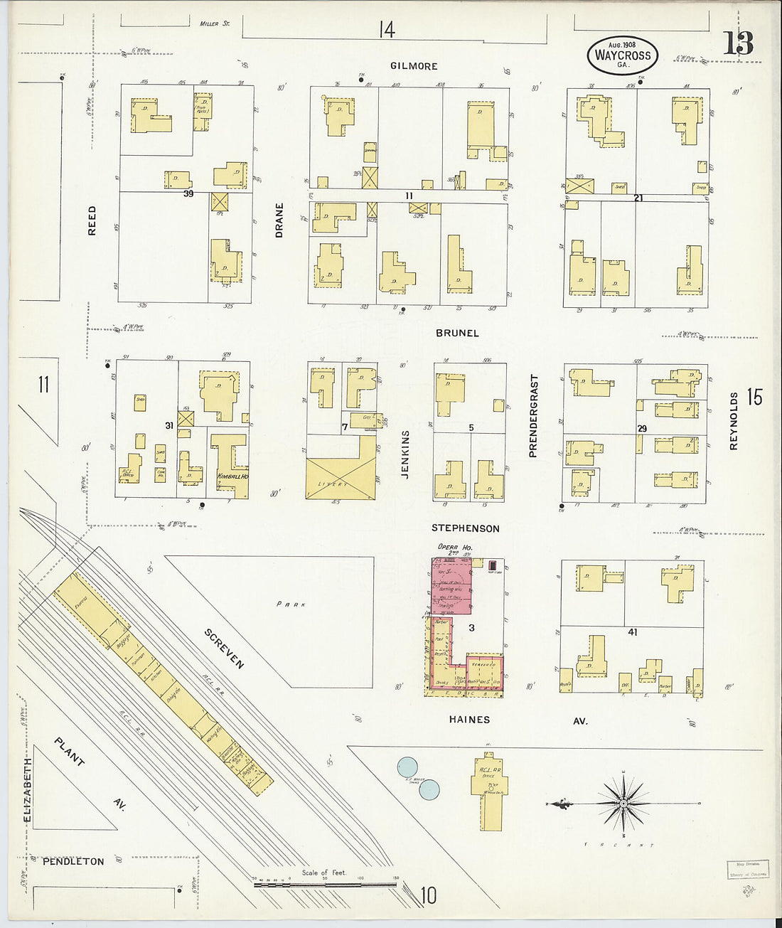 This old map of Waycross, Ware County, Georgia was created by Sanborn Map Company in 1908