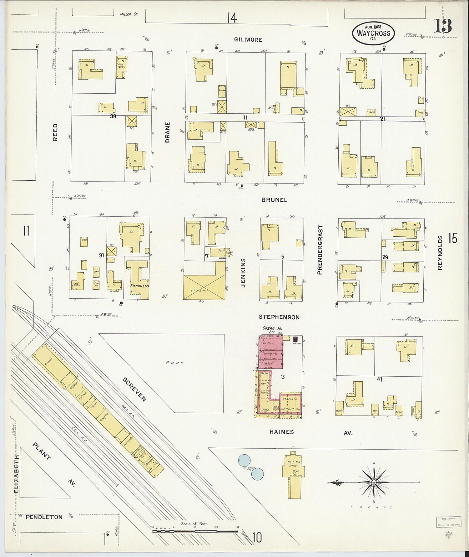 This old map of Waycross, Ware County, Georgia was created by Sanborn Map Company in 1908