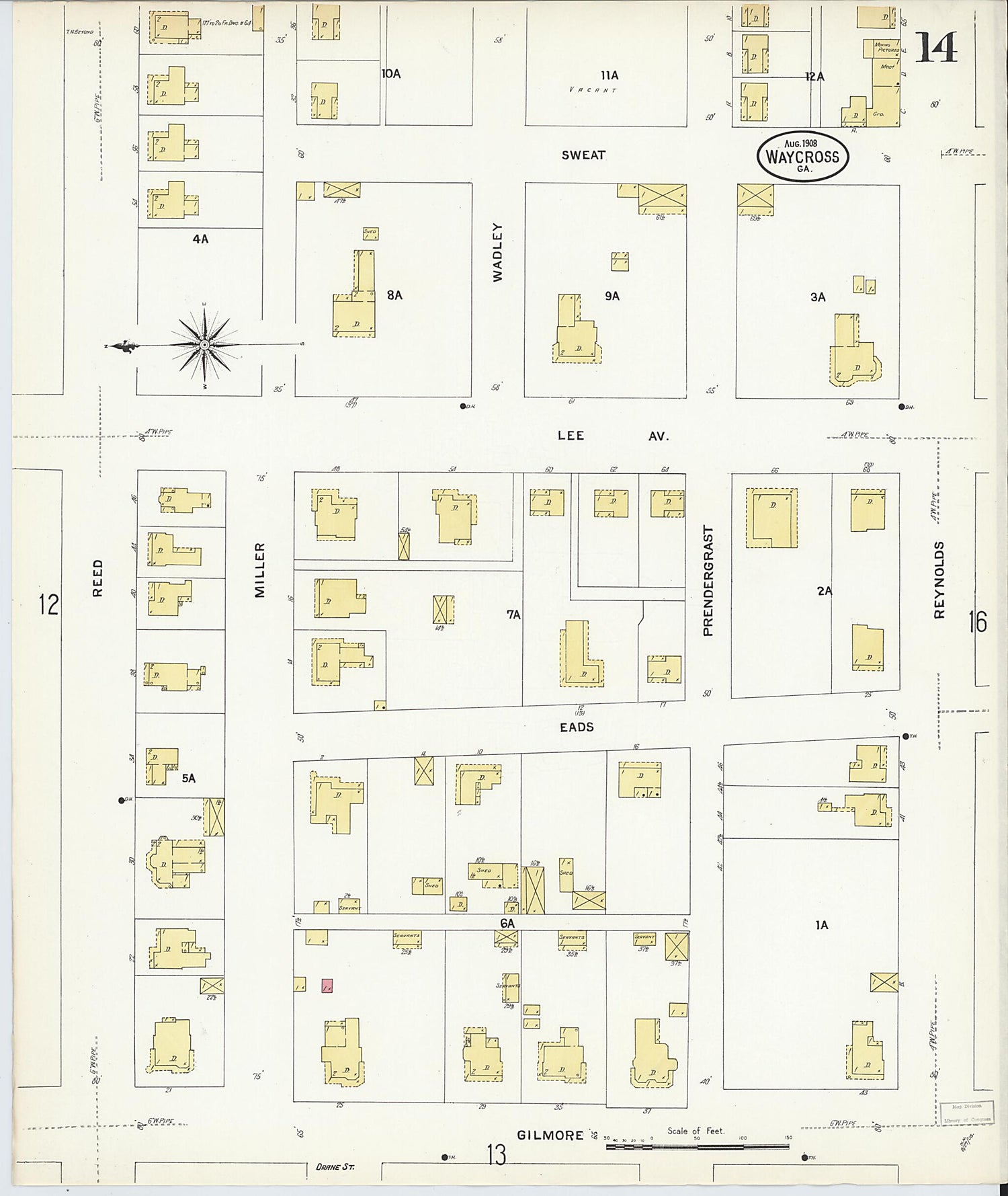 This old map of Waycross, Ware County, Georgia was created by Sanborn Map Company in 1908