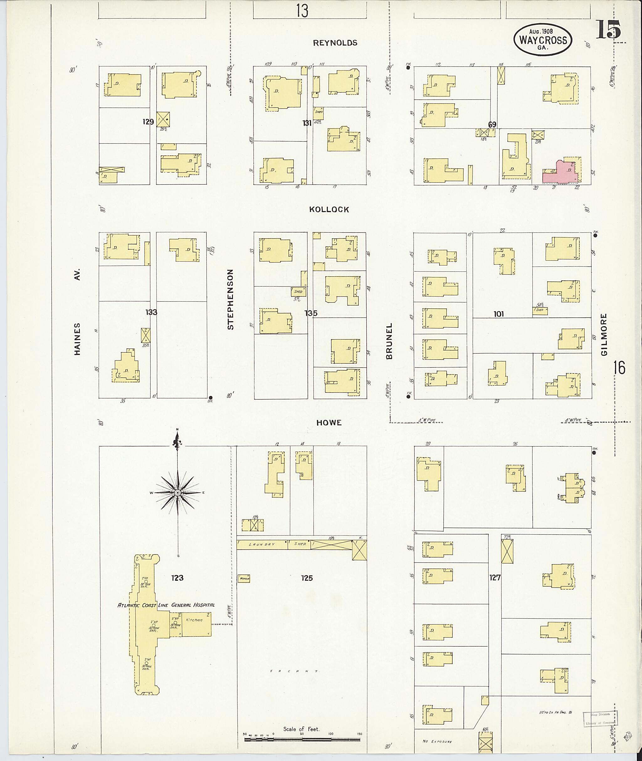 This old map of Waycross, Ware County, Georgia was created by Sanborn Map Company in 1908