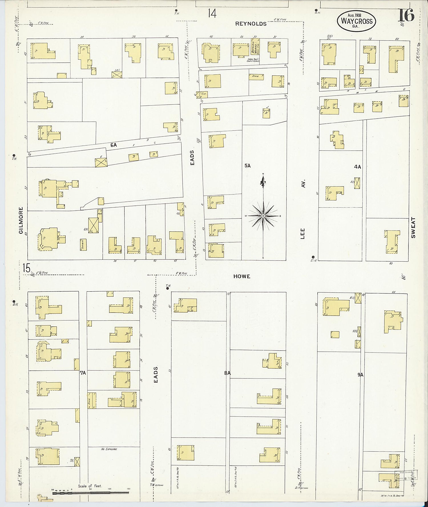 This old map of Waycross, Ware County, Georgia was created by Sanborn Map Company in 1908